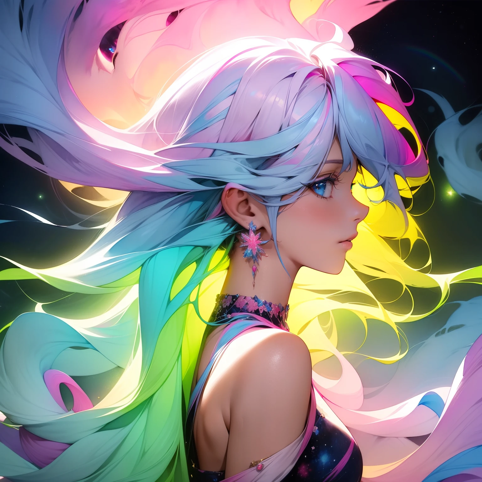 (masterpiece, top quality, best quality,watercolor (medium),official art, beautiful and aesthetic:1.2),(1girl:1.3), (fractal art:1.3),upper body, from side, looking at viewer,patterns,(rainbow color Hair,colorful hair,half blue and half pink hair:1.2),water,liquid, cloud,colorful, starry,stars,