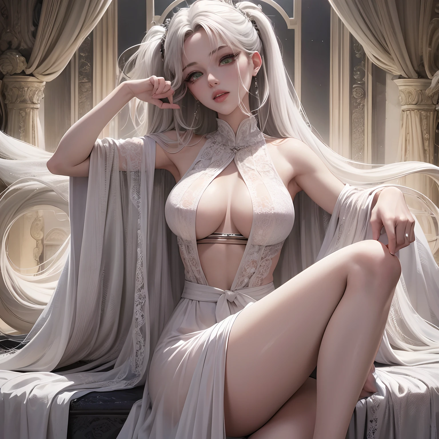 finest image, female, sexy, beautiful, cute, amorous expression, lewd expression, ???????, orgasm, light silver glossy braided bangs iridescent hair, emerald green sparkling big eyes, double eyelids, white anime style fluffy long eyelashes, red alluring moist big thick lips, medium breasts, abs, ass, perfect proportion, long thin legs, lace see-through robe, background top of the hill, professional lighting