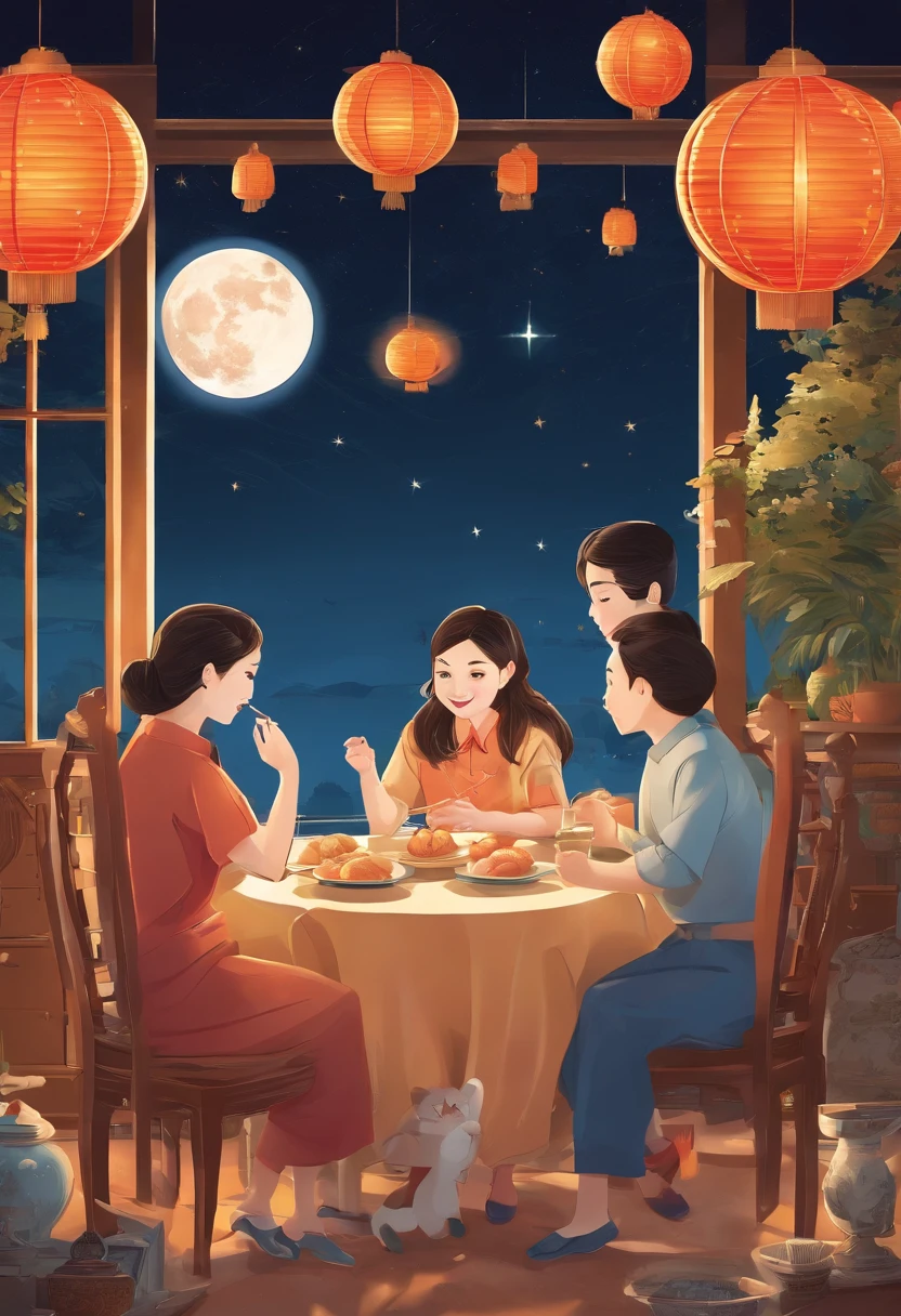 Full moon and stars in sky illustration family sitting together eating mooncakes, Have in the living room、Bright house scene,extremely detailed face and skin,Heartwarming scene,perfect detail