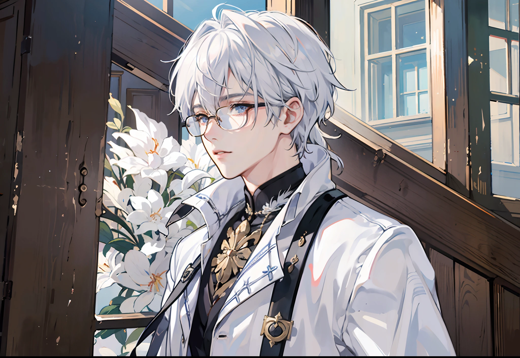 Best quality,4K,8K，Ultra-detailed, anime big breast, Character portrait, White hair, wears glasses, Close-up of people, Close-up shot, highly detailed character，mtu，Mature male，White trench coat，beside the window，Dark  skin