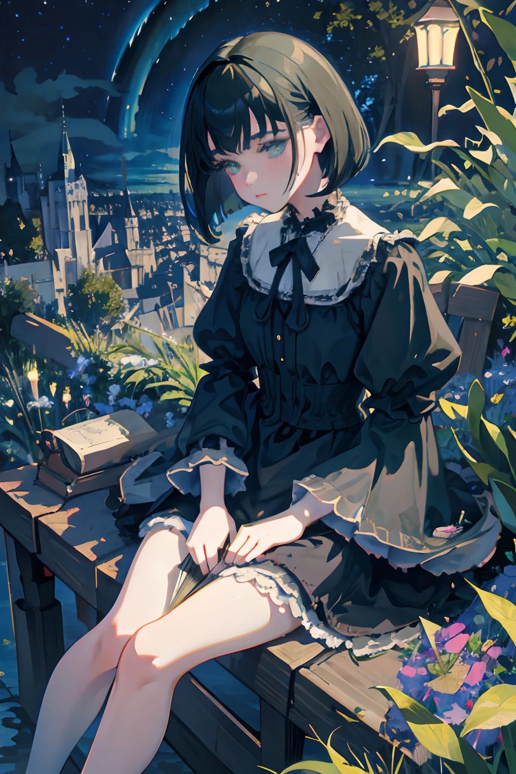 Knees，hand between legs，，（​masterpiece，Highest Quality），shortsleeves，Blue-green Gothic Lolita，Sleepy face，A dark-haired，Medium bob，utility knife，Small scissors，Pasture，Aurora，starrysky，dark clouds, Night, (Impressionism:1.4), , Alphonse Mucha