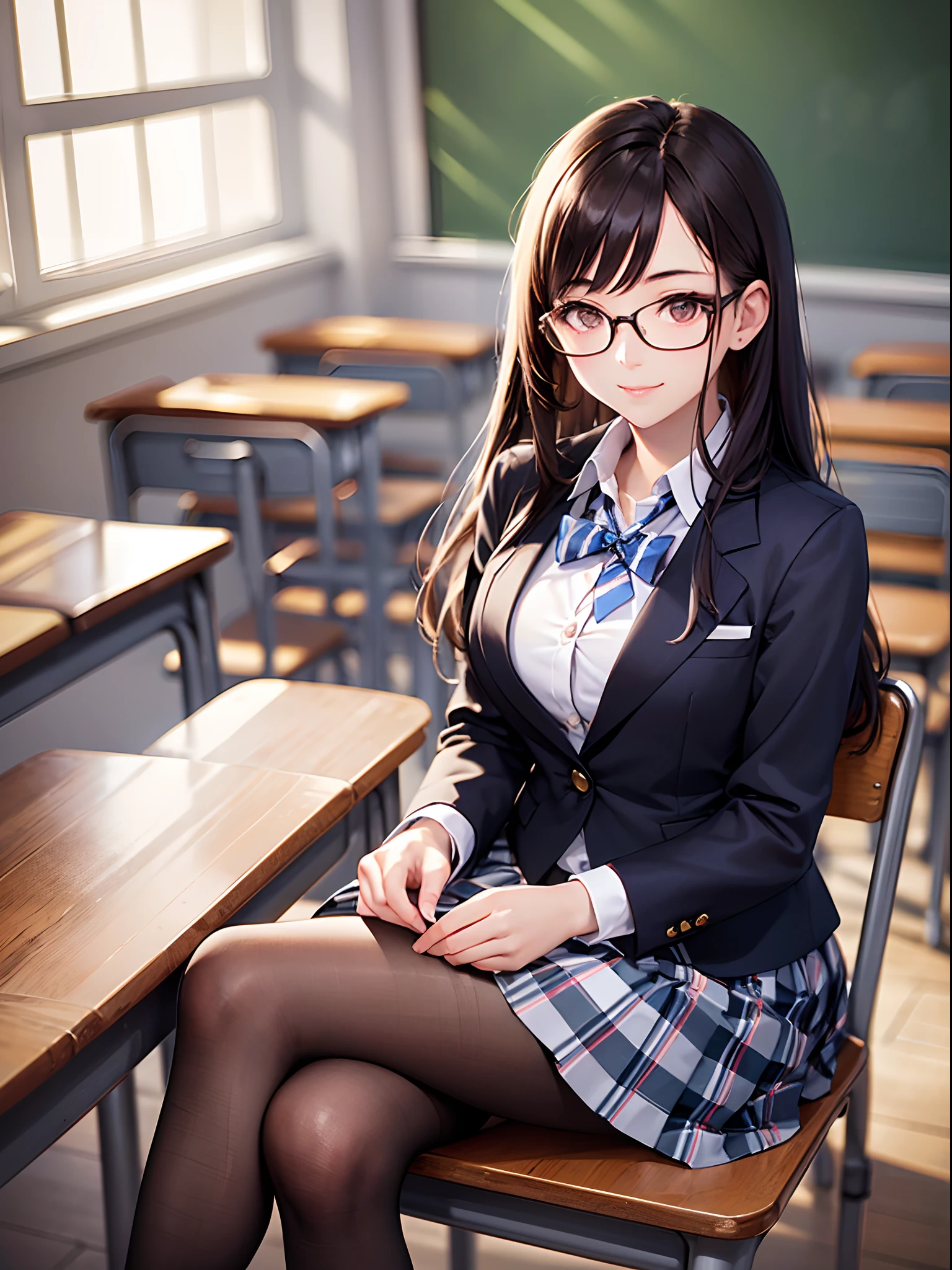 (Finest quality)),(超A high resolution),(ultra-detailliert),(Meticulous portrayal),((The best photos)),(Finest works of art),Ultra-Precision Art,The art of astounding depiction, (hi-school girl:1.5),(Beautiful face with dense and detailed details:1.3),a smile:1.3,Rimless glasses, Dense and detailed blazer:1.3,Dense and detailed skirt, Inside the classroom:1.4