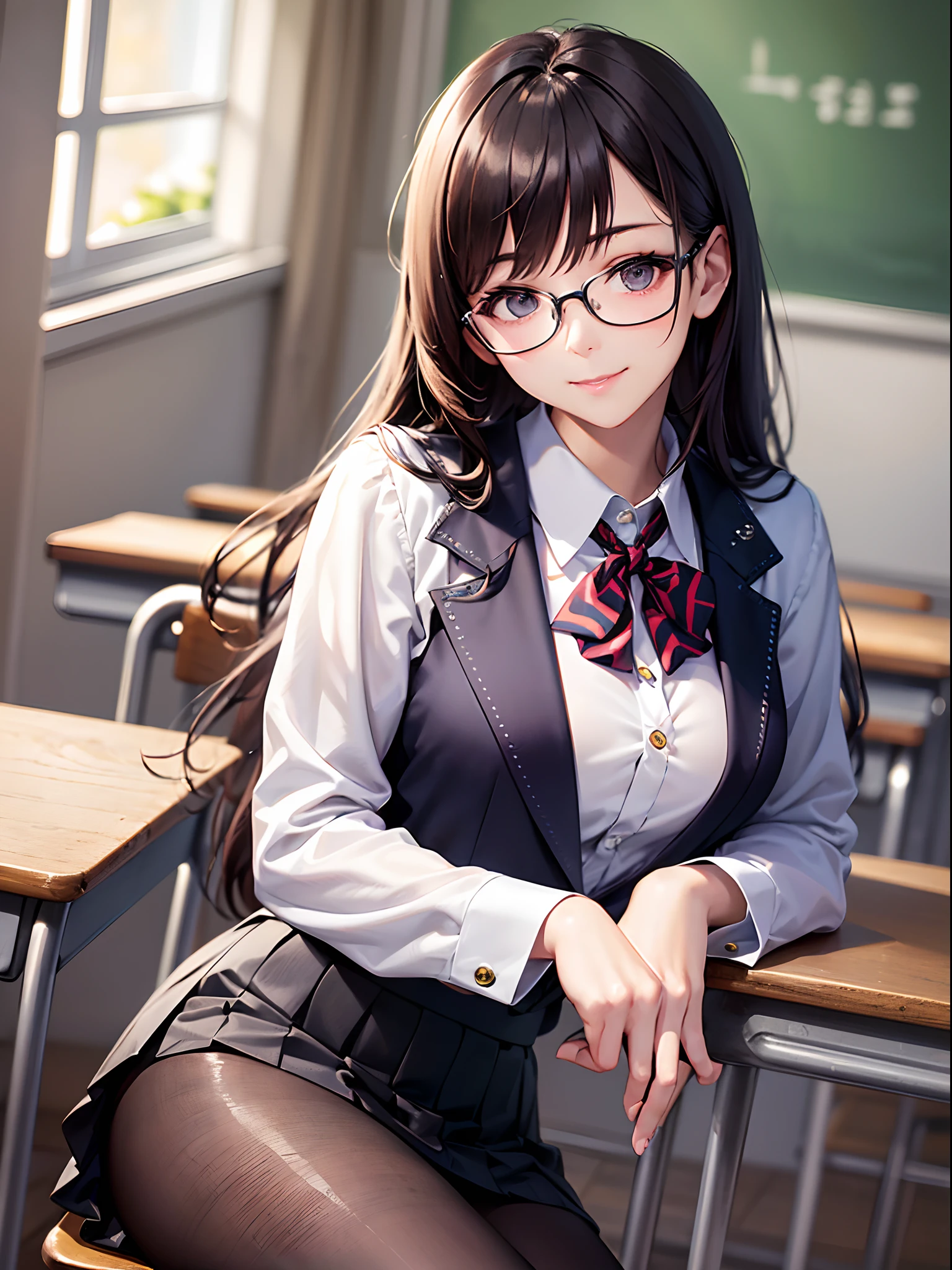 (Finest quality)),(超A high resolution),(ultra-detailliert),(Meticulous portrayal),((The best photos)),(Finest works of art),Ultra-Precision Art,The art of astounding depiction, (hi-school girl:1.5),(Beautiful face with dense and detailed details:1.3),a smile:1.3,Rimless glasses, Dense and detailed blazer:1.3,Dense and detailed skirt, Inside the classroom:1.4