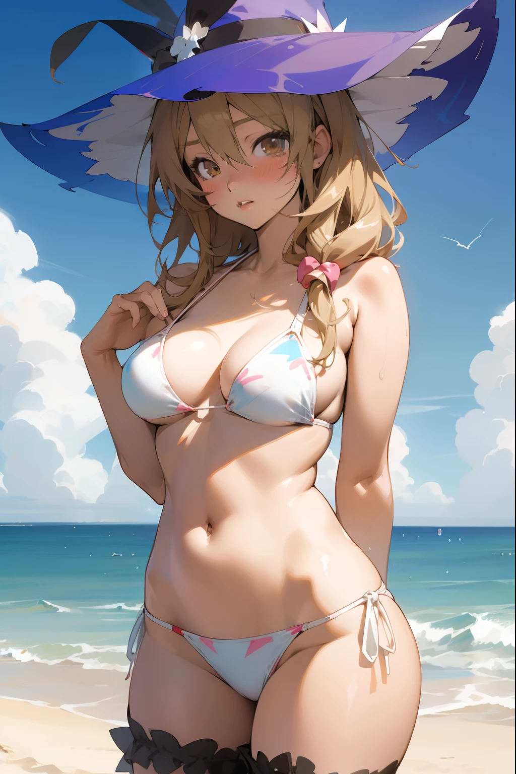 anime girl in a bikini and hat on the beach, seductive anime girl, in the beach, at the beach, swimsuit, on a sunny beach, marisa kirisame, at a beach, beautiful alluring anime woman, realistic bikini, extremely detailed artgerm, beautiful anime girl, beautiful anime woman, on a beach, attractive anime girl, (anime girl)