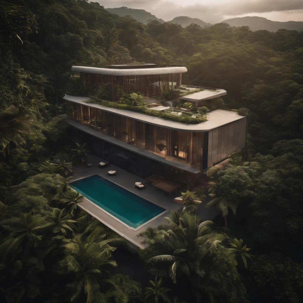Bird eye view of a future building in the middle of the jungle, masterpiece, epic quality, 8k, cinematic