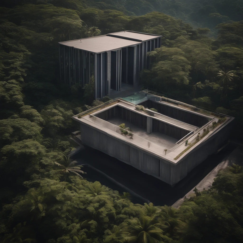 Bird eye view of a future building in the middle of the jungle, masterpiece, epic quality, 8k, cinematic