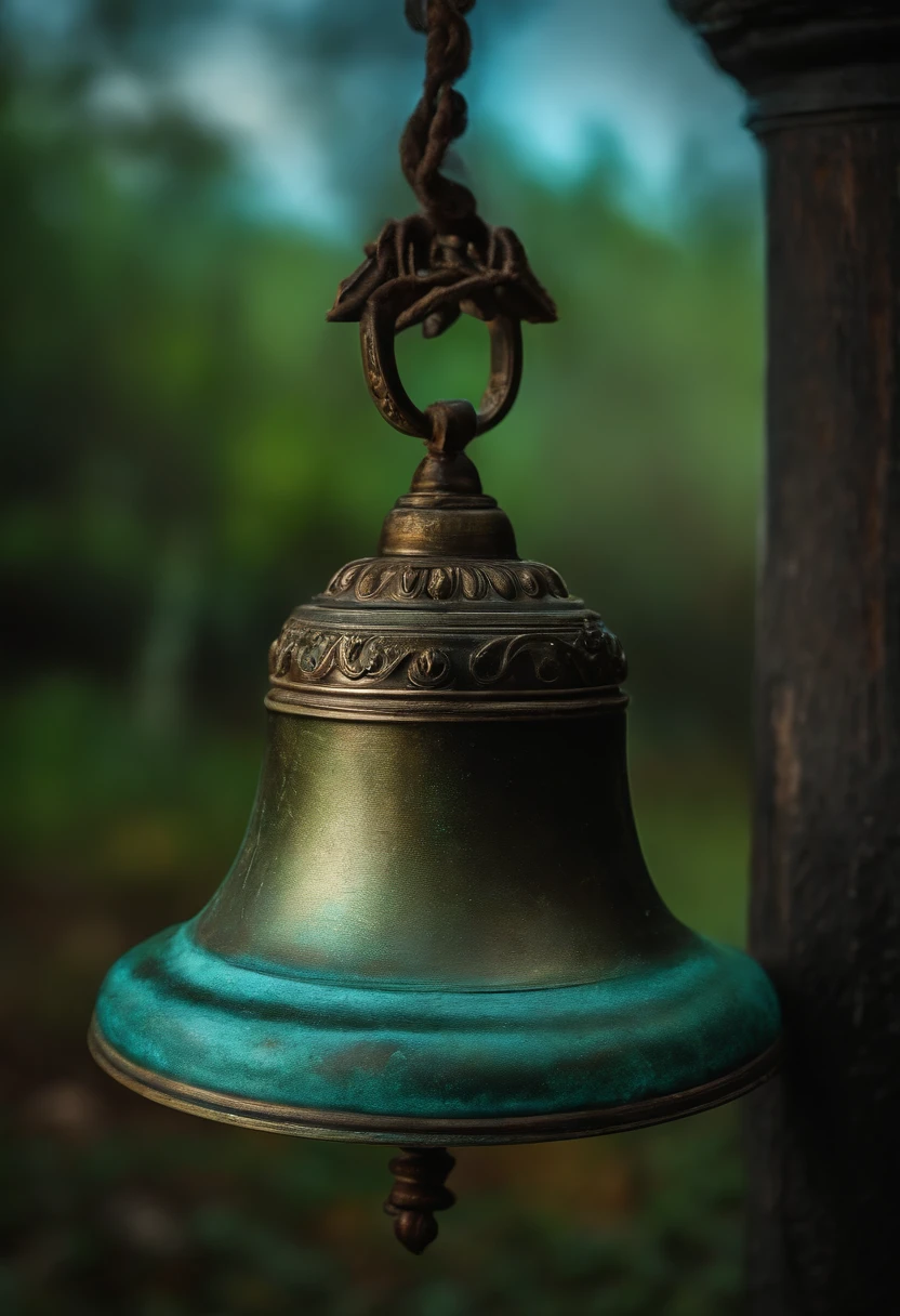 Create an image of an old Haunted Bell with coloors green and light blue. Its huge and it's floating
