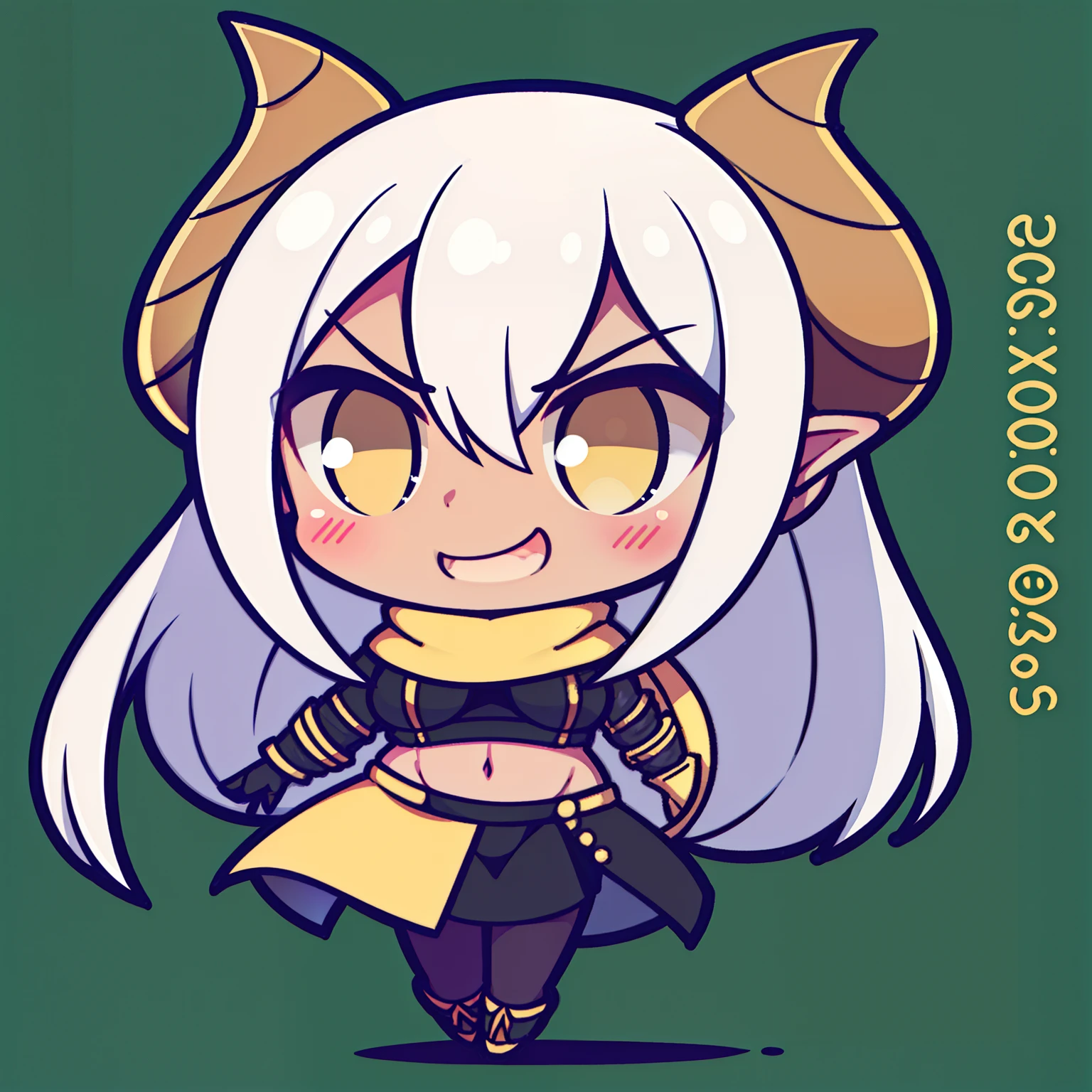 1girl,solo,20s,((dark skin)),show belly,gold armor outfit, black small shirt,long black stockings,white hair,long hair,yellow eyes,elves ears,horns,yellow scarf,black pantyhose,,chibi,full body,green background,villain,psycho,villain smile, psychopath, angry,slim body