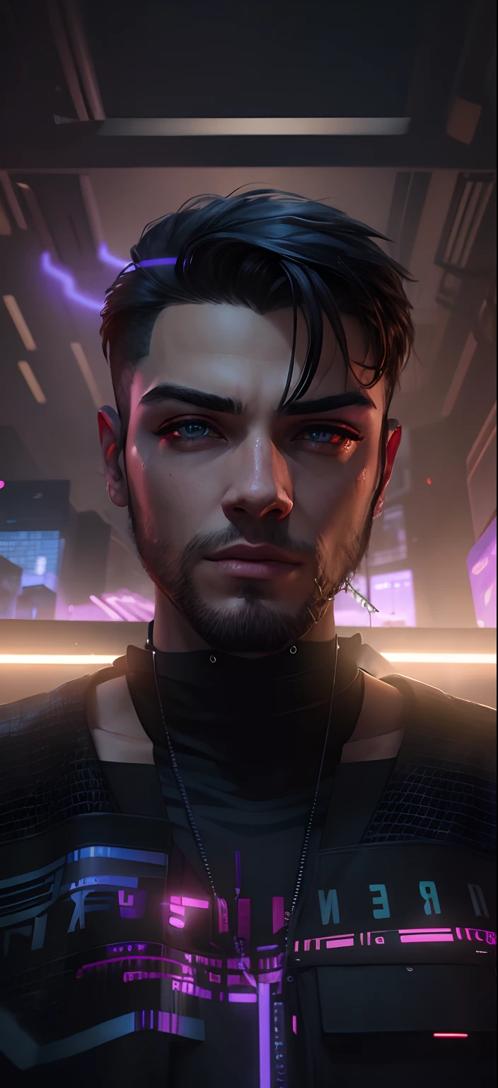 Realistic face, realistic skin, realistic pitch black hoodie with neon red line, cyberpunk background