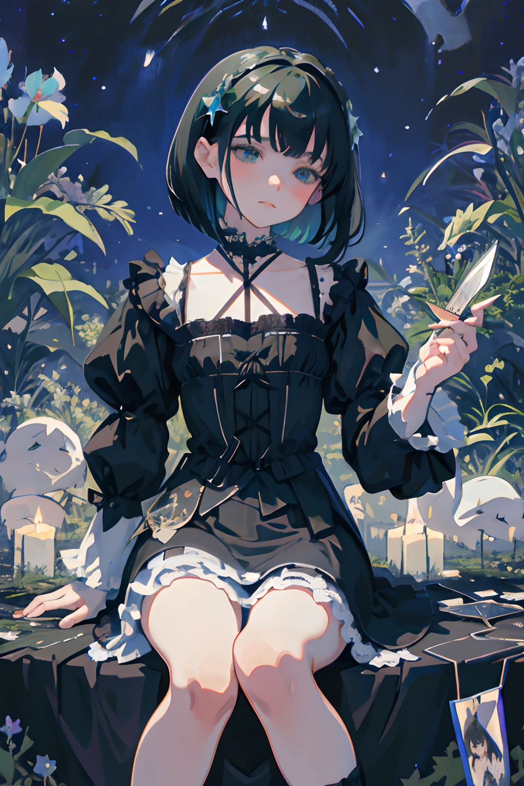 Knees,hand between legs,child,(masterpiece,Highest Quality),shortsleeves,Blue-green Gothic Lolita,Sleepy face,A dark-haired,Medium bob,utility knife,Small scissors,Pasture,Aurora,starrysky,dark clouds, Night, (Impressionism:1.4), , Alphonse Mucha,tarot