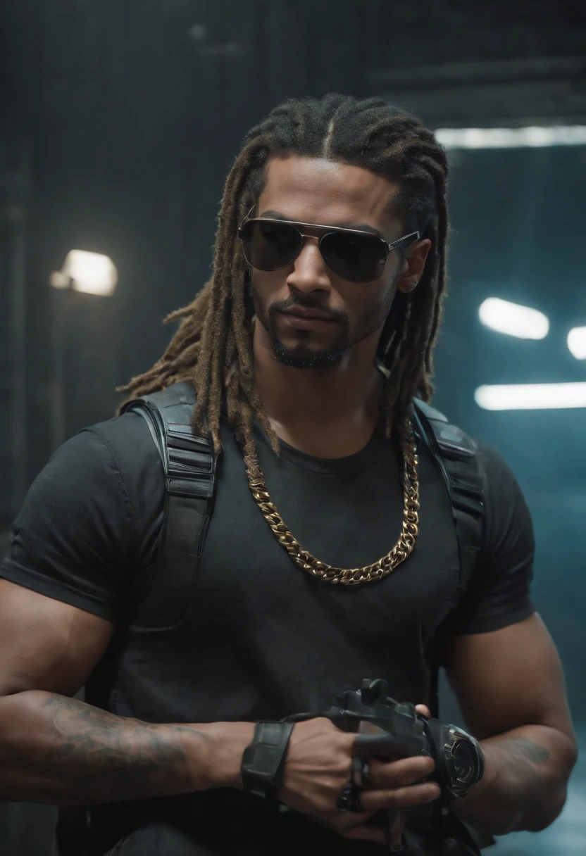super high res, melhor qualidade, foto, 16k, (fotorrealista: 1.2), cinematic lighthing, Homem do afro americano de 23 anos que usa roupa camuflada do exercito e faz parte de uma equipe chamada os corvos, In addition he wears mirrored sunglasses and also has dreads in his hair (Cyberpunk 2020)