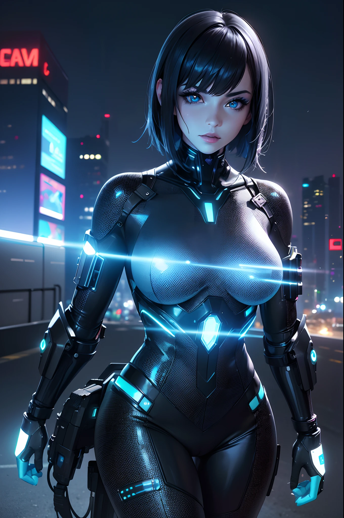 (Best quality,highres:1.2), ultra-detailed, (realistic:1.3), cyberpunk, futuristic, portrait, shiny revealing latex outfit, cyber implants, virtual reality, glowing makeup, metallic body parts, body modification, techno atmosphere, cityscape background, hovering robotic arms, advanced technology, electric blue color palette, surreal lighting.