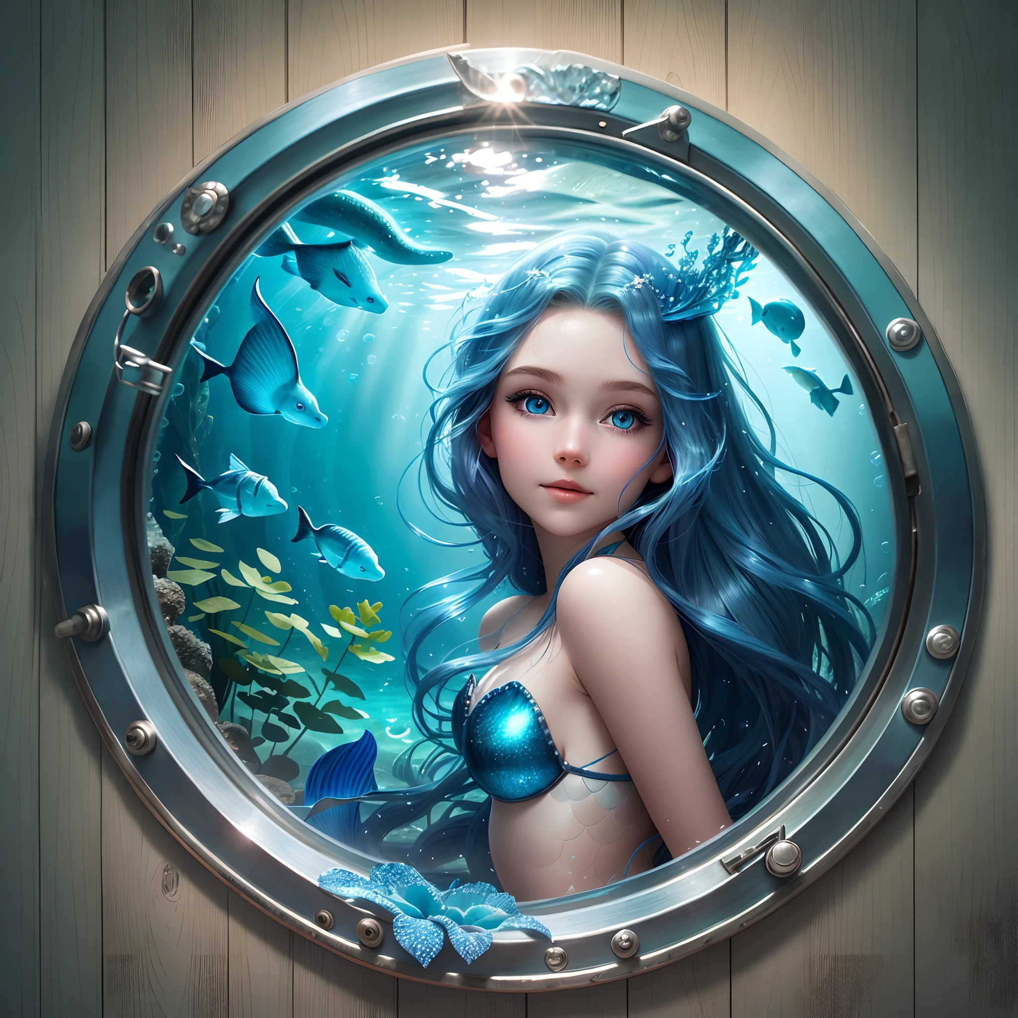 Young mermaid peering through the porthole of a ship with a delicate and beautiful face, bright blue scales, flowing long hair and bright blue eyes, against a magical underwater world setting with sea creatures and plants around it, rectangular --v6