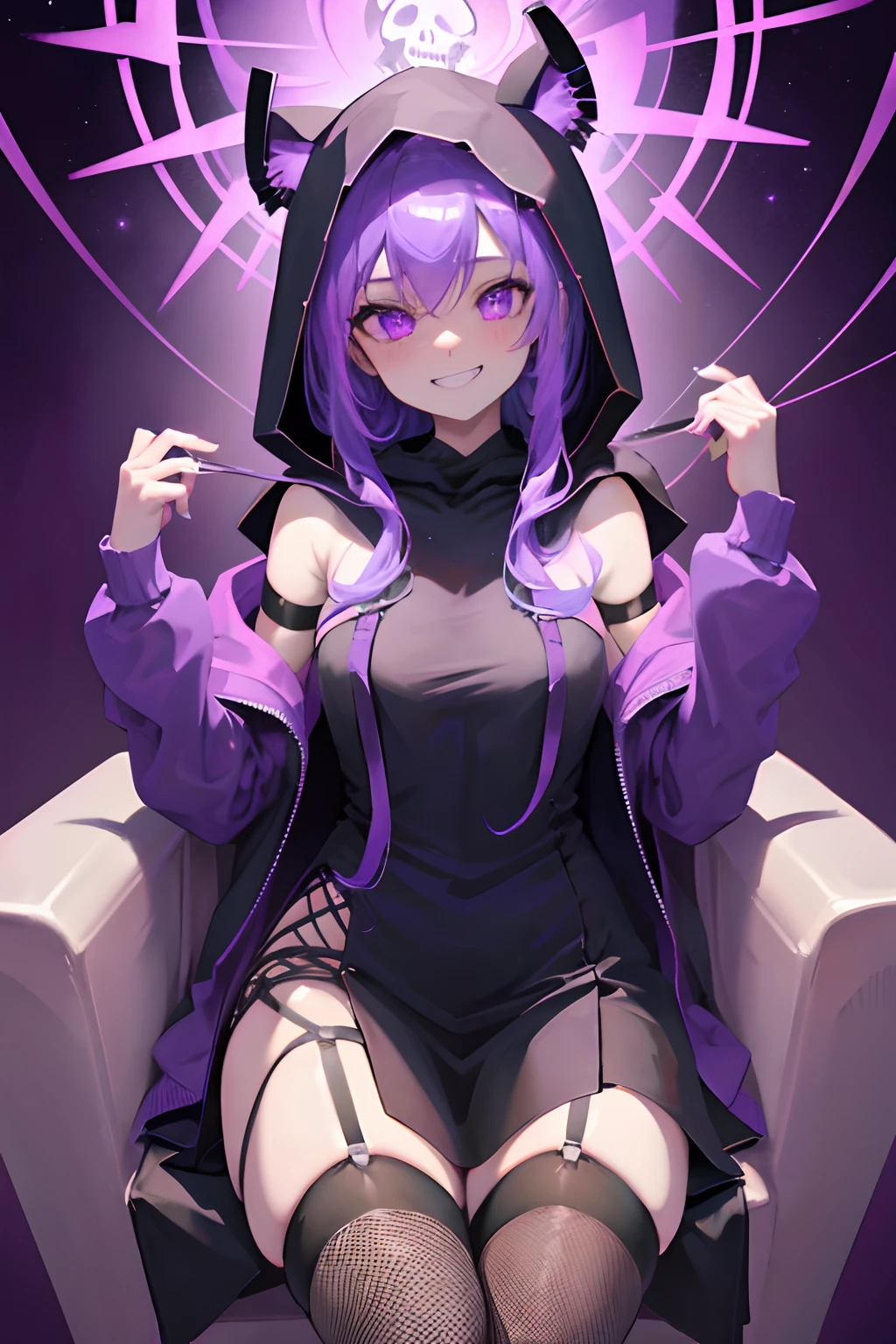 solo, thighhighs, fishnets, skull, 1girl, skeleton, purple theme, smile, fishnet thighhighs, hood, sitting, garter straps, purple background, long sleeves, grin, lying, monochrome, chair, on back, male focus, teeth, dress, glowing, looking at viewer, hoodie