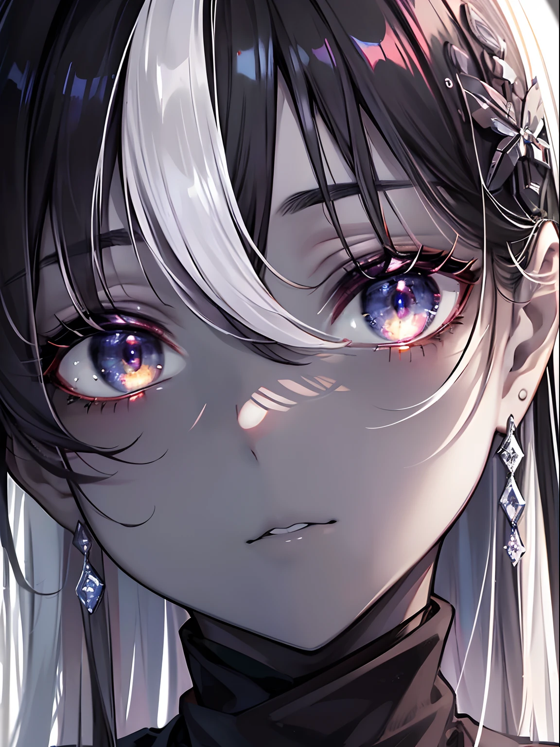 (Masterpiece, Best quality, ultra high resolution),1girl,(shadow hair,dark black hair),(colored skin, white skin,pale skin),beautiful and detailed face, detailed eyes,(grey theme)