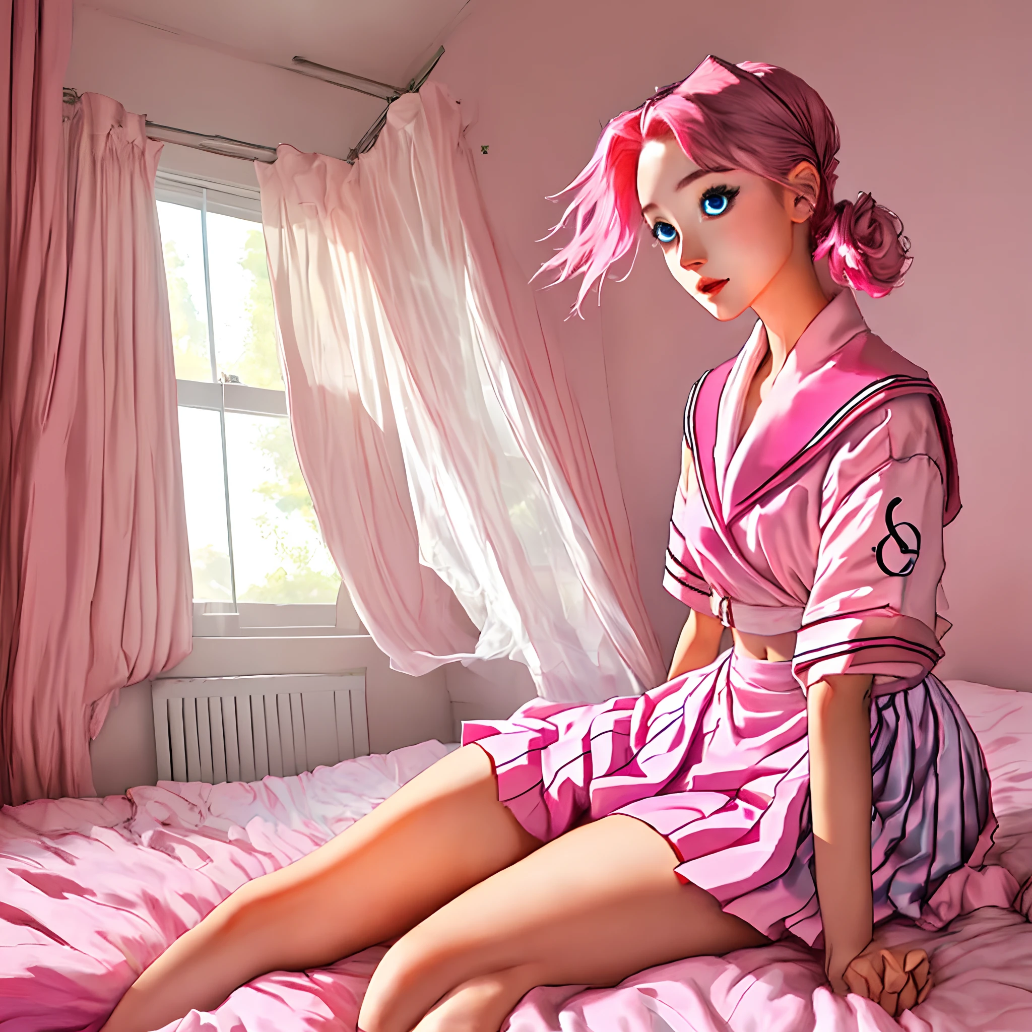Beautiful illustration、top-quality、 s、Bedroom、A pink-haired、High ponytail、(((Pink pleated skirt)))、(((Pink sailor suit)))、short- sleeved、flatchest、a navel、Turn up the skirt with your hands、showing white panties、Pull up the skirt,The reveal panties、Bare legged、eBlue eyes、on top of the bed、Lovely thighs、glowing thigh