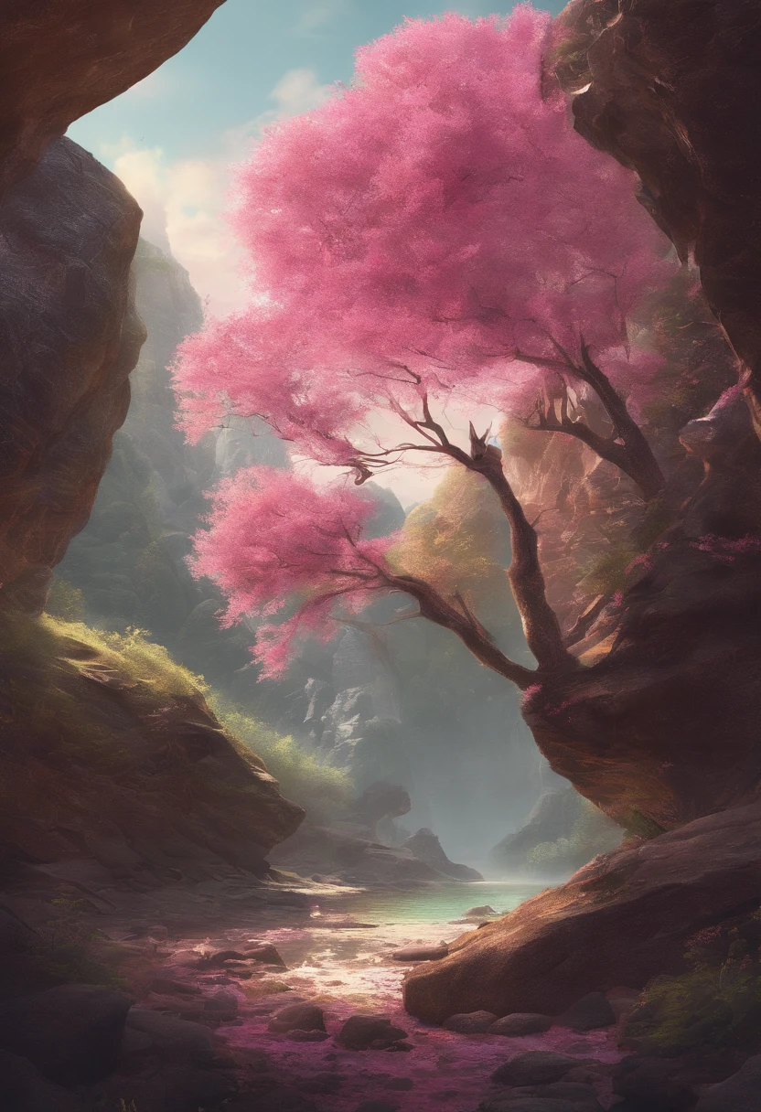 Ein erstaunlicher rosa Baum auf einem Felsen am Strand, im Stil der realistischen Darstellung von Licht, Durchgang, Vom Glauben inspirierte Kunst, Abandoned rooms, Lichtdurchflutete Szenen, Immersive Umgebungen, Blumen- und Naturmotive --AR 14:25