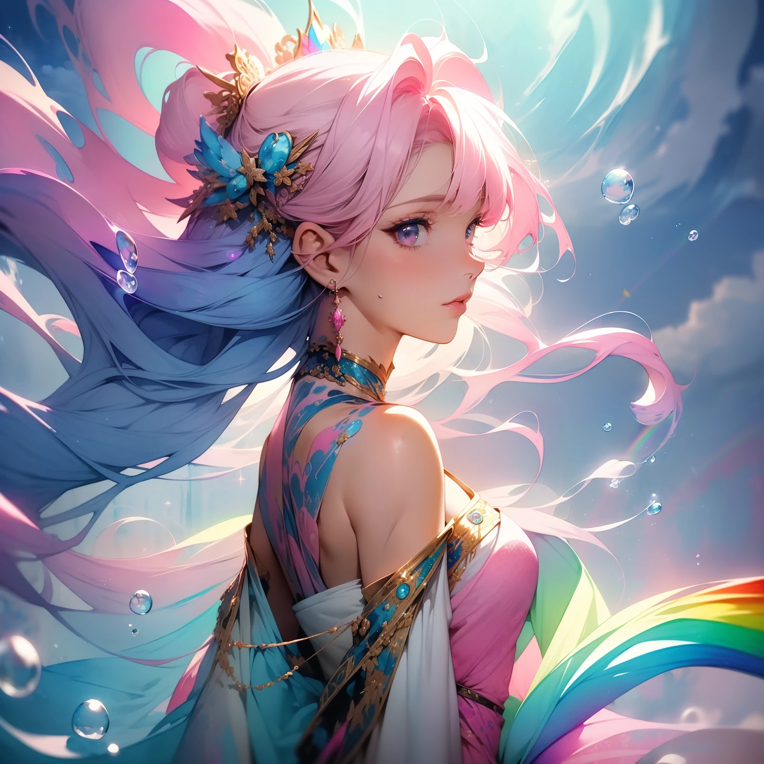 (masterpiece, top quality, best quality,watercolor (medium),official art, beautiful and aesthetic:1.2),(1girl:1.3), (fractal art:1.3),upper body, from side, looking at viewer,patterns,(rainbow color Hair,colorful hair,half blue and half pink hair:1.2),water,liquid, cloud,colorful, starry,stars,