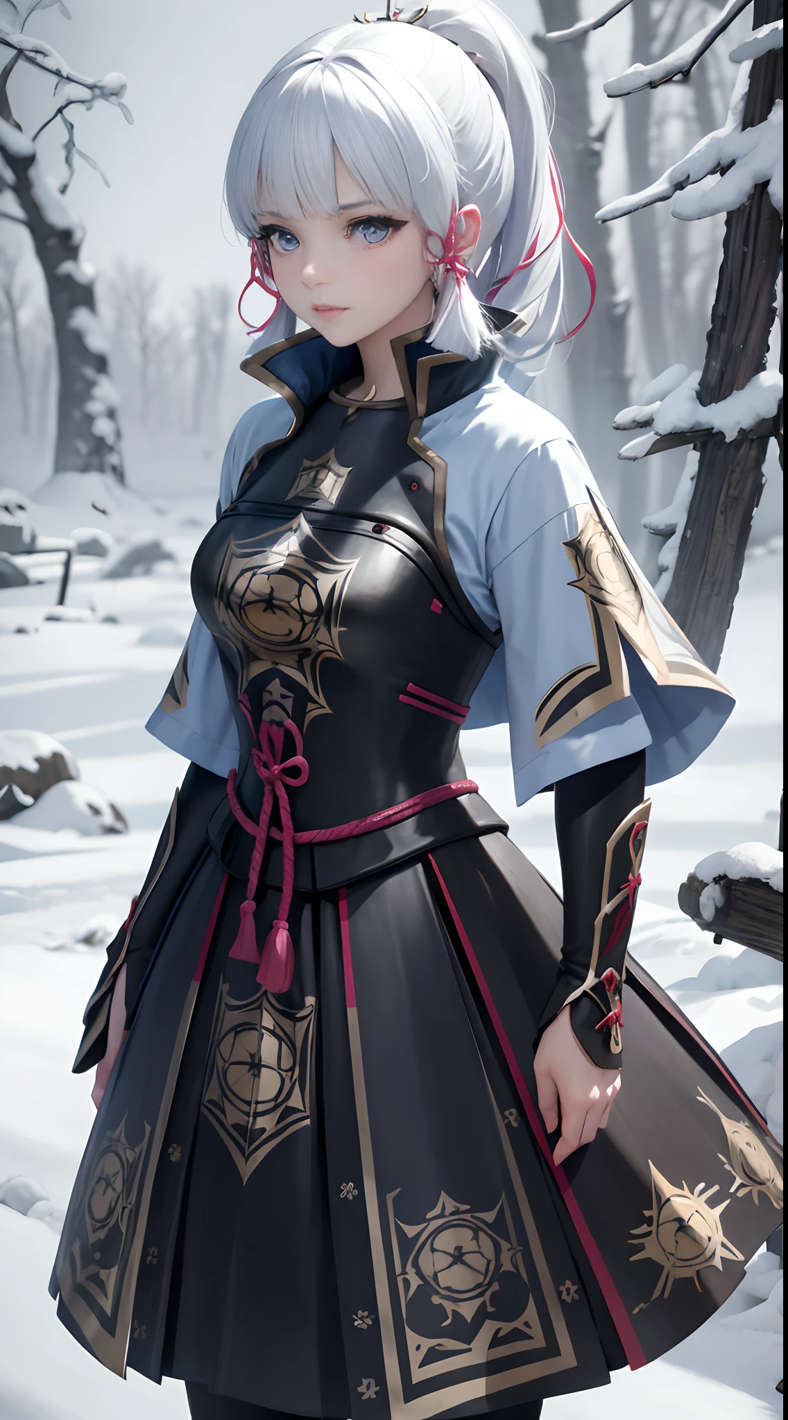 Masterpiece, Best quality, 1girl, White hair, Innocent, Blue eyes, full bodyesbian, arms back behind, sky, forest, Serious look, winter, blizzard