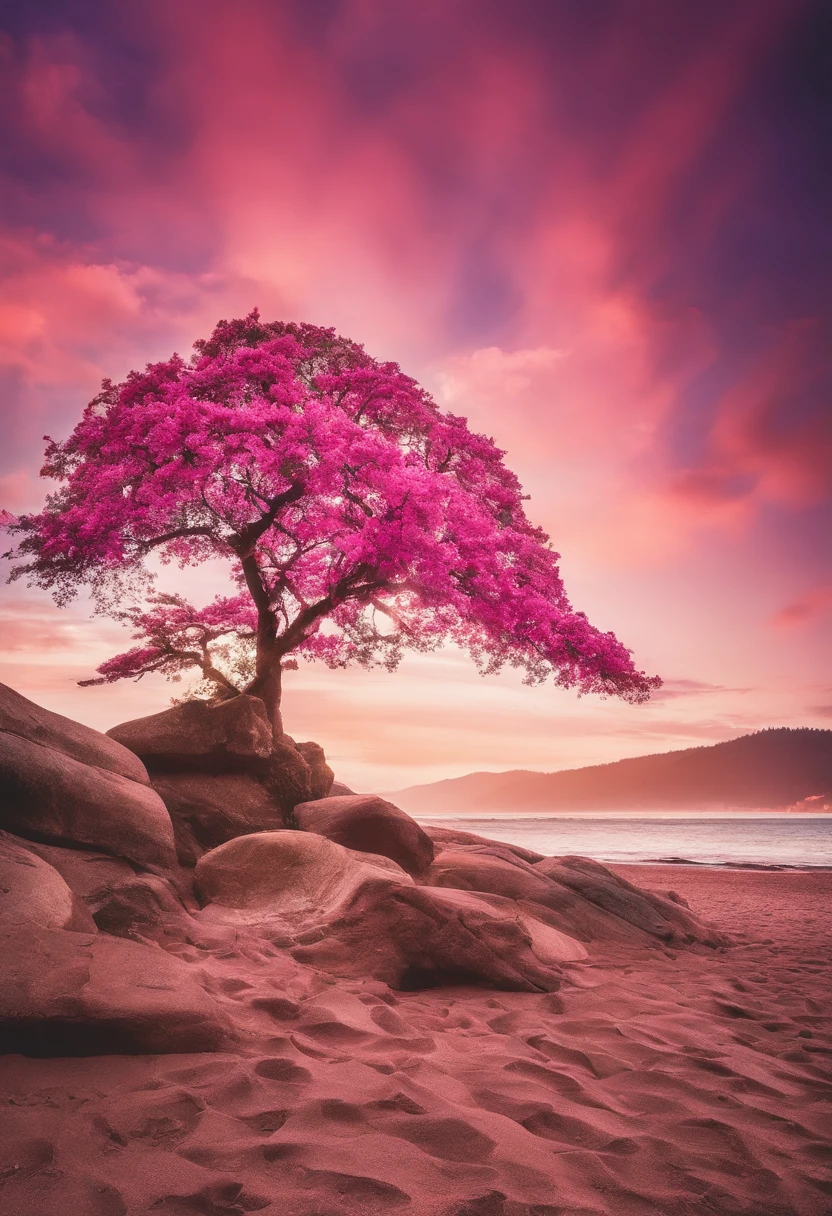 Ein erstaunlicher rosa Baum auf einem Felsen am Strand, im Stil der realistischen Darstellung von Licht, Durchgang, Vom Glauben inspirierte Kunst, Abandoned rooms, Lichtdurchflutete Szenen, Immersive Umgebungen, Blumen- und Naturmotive --AR 14:25