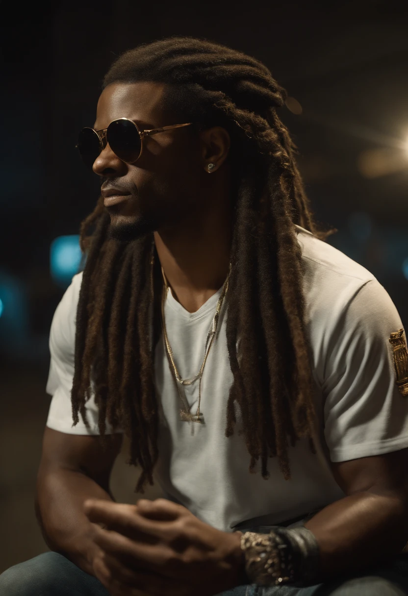 super high res, melhor qualidade, foto, 16k, (fotorrealista: 1.2), cinematic lighthing, Homem do afro americano de 23 anos que usa roupa camuflada do exercito e faz parte de uma equipe chamada os corvos, In addition he wears mirrored sunglasses and also has dreads in his hair (Cyberpunk 2020)
