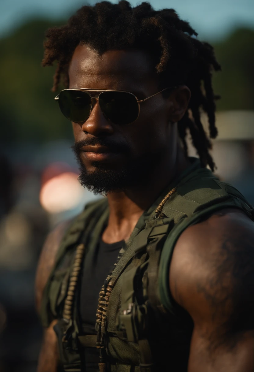 super high res, melhor qualidade, foto, 16k, (fotorrealista: 1.2), cinematic lighthing, Homem do afro americano de 23 anos que usa roupa camuflada do exercito e faz parte de uma equipe chamada os corvos, In addition he wears mirrored sunglasses and also has dreads in his hair (Cyberpunk 2020)