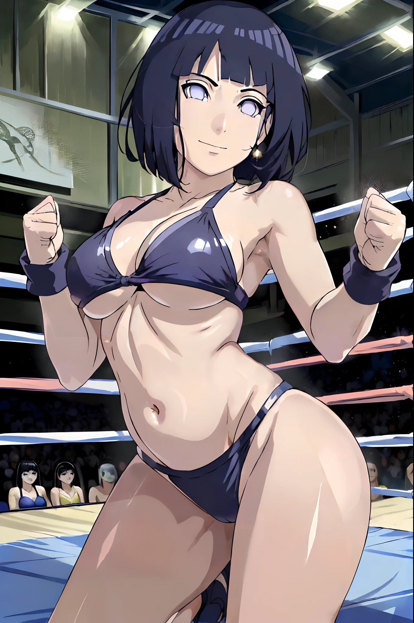 (ultra detailed body, ultra detailed face), solo, anime style, hires ((pro wrestling arena, pro wrestling match, crowd watching)), (hinata\(boruto\), (female wrestler), (slender body), mature woman, milf, (black bikini,  pro wrestling gear), victorious, smile , happy, closed mouth, (pale skin, shiny skin, lighting and shadow), (dark blue hair color:1.1), wavy hair, ((short hair, hime cut, floating hair), big breasts, (fighting stance), (long belly), closed fists, , (perfect eyes, white sciera, bright eyes, white eyes, anime eyes, looking at the viewer)