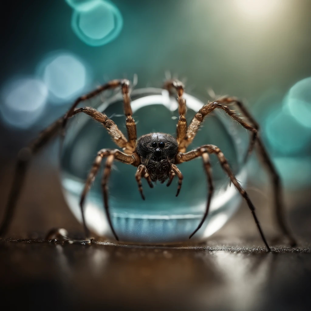 an cybernetic spider is being held in a drop of water