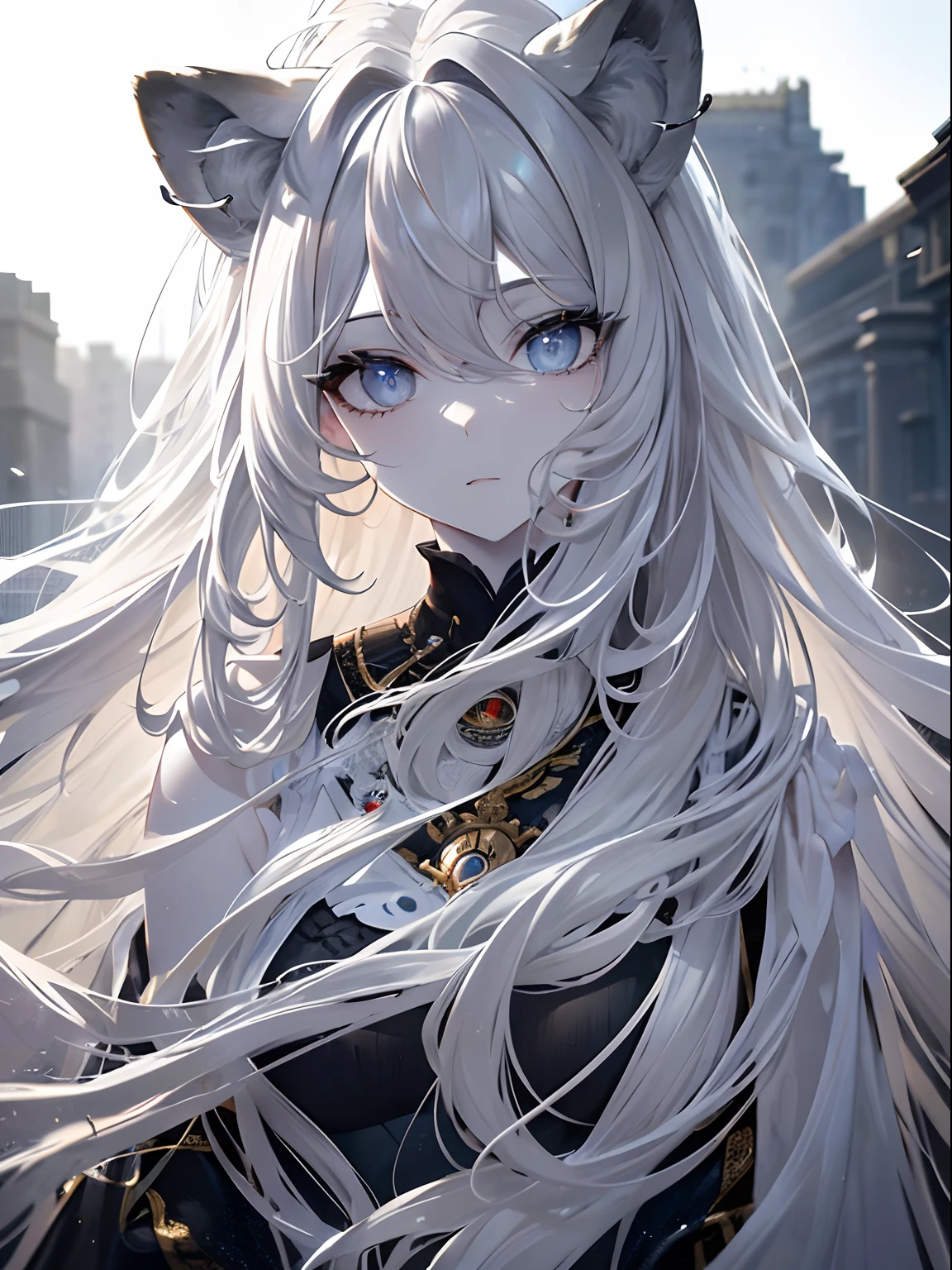 (Masterpiece, Best quality, ultra high resolution),1girl, grey hair,(mane, extremely long hair, very curly hair),lion ears,lion tail,(white skin, pale skin),beautiful and detailed face, detailed eyes,(grey theme),in the savanna,