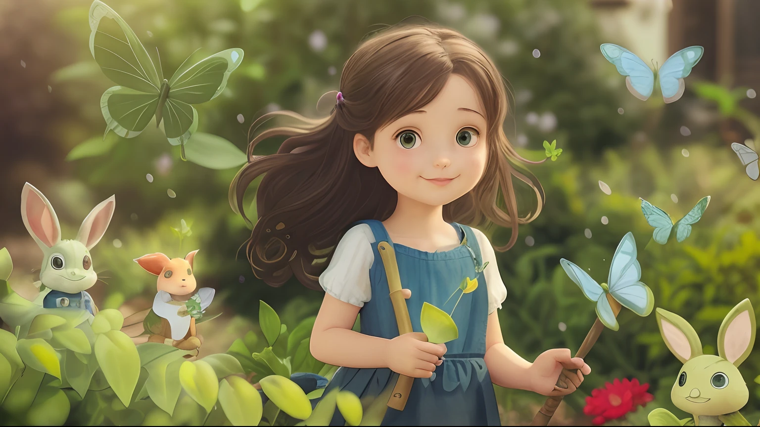 Create an image of Alice next to her mother in the garden. She's holding a small shovel and with a look of determination, digging the earth next to his mother. Green plants and colorful flowers are growing around them.