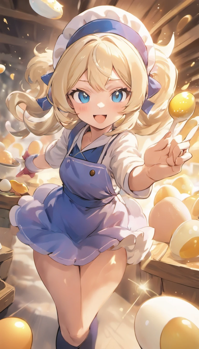 (Best quality, Ultra-detailed, photo-realistic:1.37), Silver-haired woman, Fantastic blue eyes, Happy woman beating eggs with chopsticks, Soft lighting, pink apron, illustration, bangs, Flowing hair, Gentle breeze, Shiny hair, Thick egg whites, Close-up of black stockings, mitts, chef's hat.Blonde hair, Gradient hair, Pink hair, folded ponytail, blue halo, Glowing eyes, Wide eyes, drunk, Anime style, shadowing, back lit lighting, macro photograph, Close-up, first person perspective, head out of frame, hyper HD, High details, Best quality