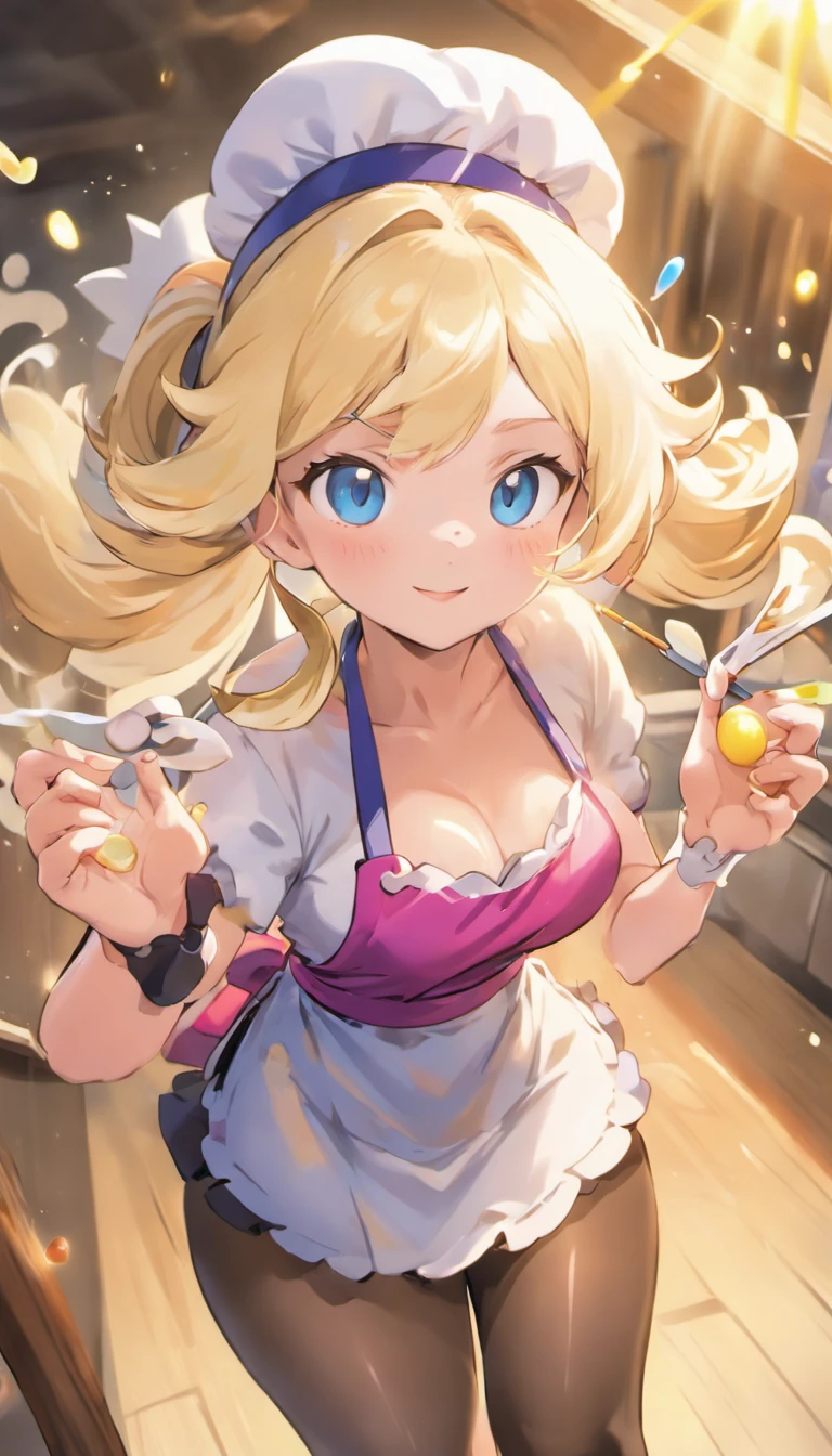 (Best quality, Ultra-detailed, photo-realistic:1.37), Silver-haired woman, Fantastic blue eyes, Happy woman beating eggs with chopsticks, Soft lighting, pink apron, illustration, bangs, Flowing hair, Gentle breeze, Shiny hair, Thick egg whites, Close-up of black stockings, mitts, chef's hat.Blonde hair, Gradient hair, Pink hair, folded ponytail, blue halo, Glowing eyes, Wide eyes, drunk, Anime style, shadowing, back lit lighting, macro photograph, Close-up, first person perspective, head out of frame, hyper HD, High details, Best quality