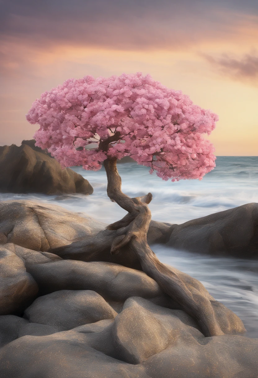 Ein erstaunlicher rosa Baum auf einem Felsen am Strand, im Stil der realistischen Darstellung von Licht, Durchgang, Vom Glauben inspirierte Kunst, Abandoned rooms, Lichtdurchflutete Szenen, Immersive Umgebungen, Blumen- und Naturmotive --AR 14:25