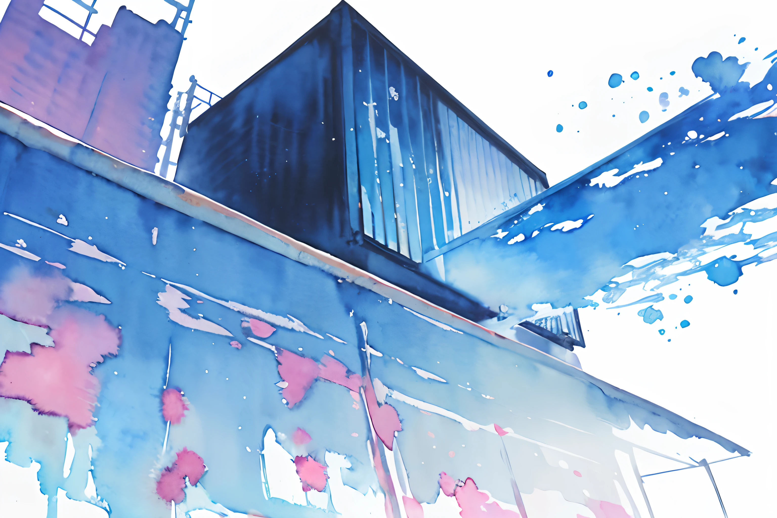 ((masutepiece)), (Professional Photography:1.2), (High Definition:1.3), Best Quality, (watercolor painting:1.3), from below, wide shot, Tokyo sityscape, (simple white background:1.10), pale blue fine ink splashing, landscape