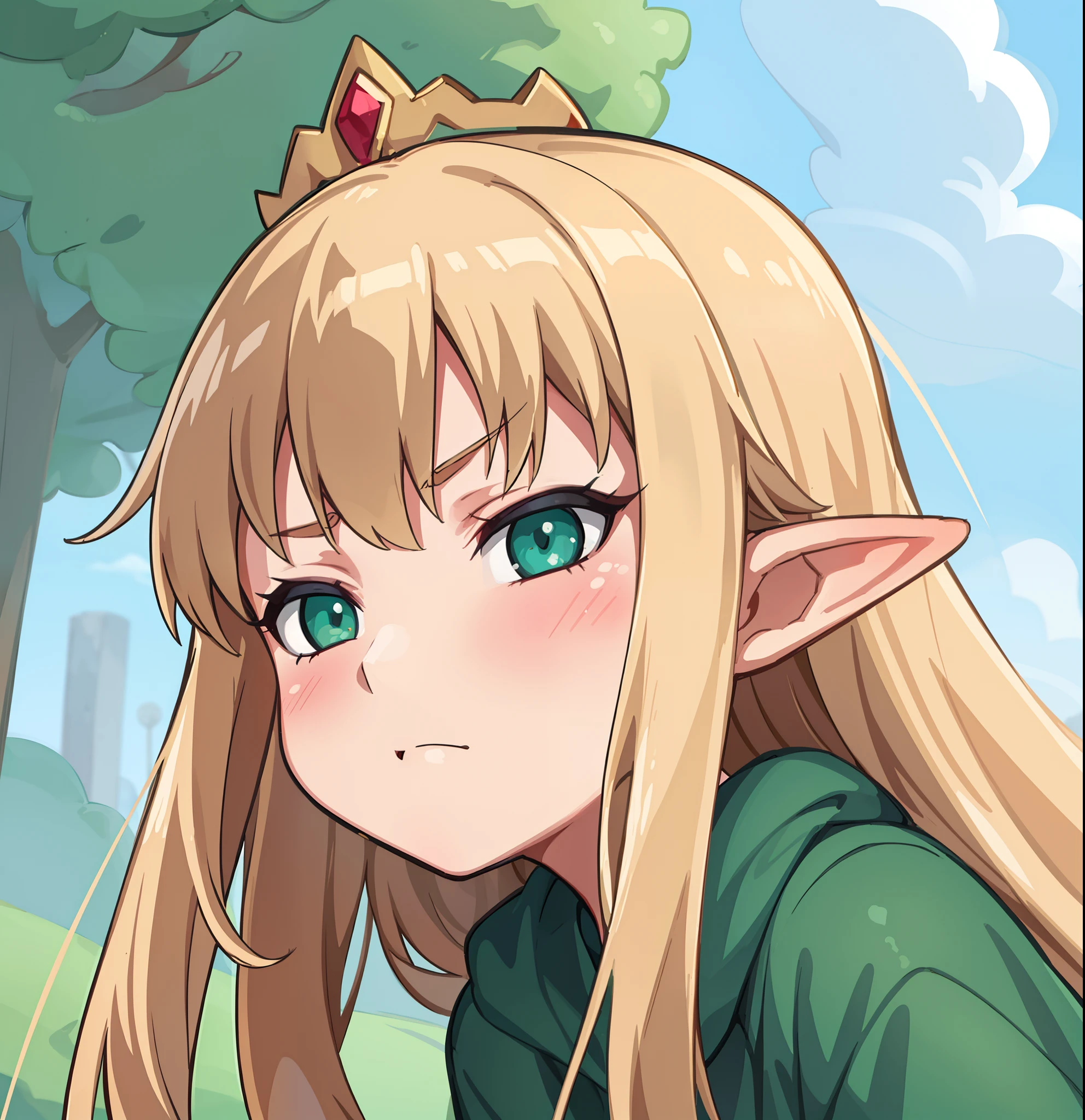 hiquality, tmasterpiece (one girls) pixie. Clothing Green Raincoat. blonde woman. Golden crown with red ruby. Cyan eyes. against the background of the forest and the sky