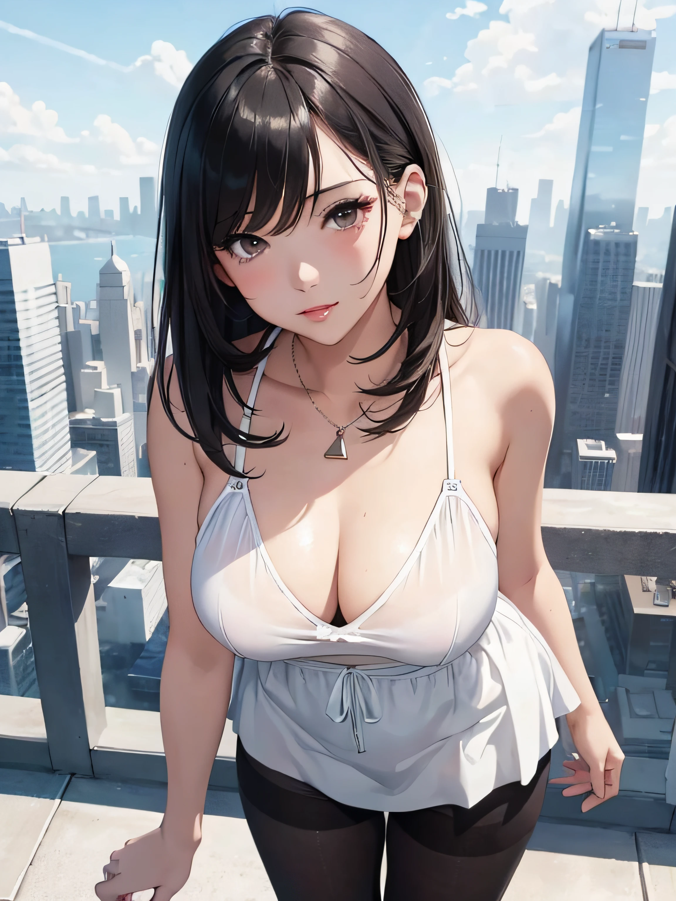 girl in summer clothes, white short, black pantyhose, making like she wants to kiss you, view from viewer, medium breasts, cityscape, flirtatious look, ((very detailed)), (perfectly detailed face), (well detailed hand) photorealistic image.