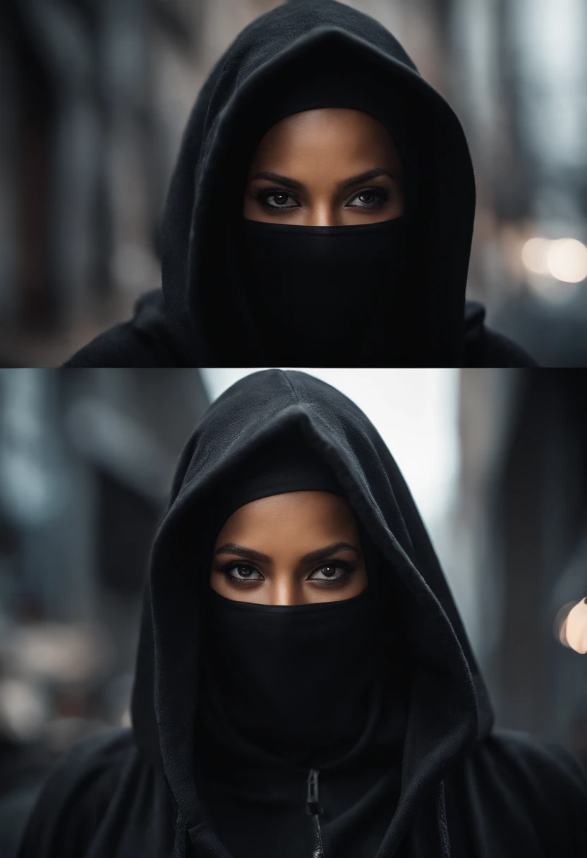a close up of a person wearing a black hood and a black hoodie, face is wrapped in a black scarf, clothed in hooded, wearing a dark hood, cloaked woman assassin, black hood, detailed face of an arabic woman, wearing sci - fi cloak with hood, photograph of a techwear woman, cyberpunk anime girl in hoodie, wearing a hood, hood