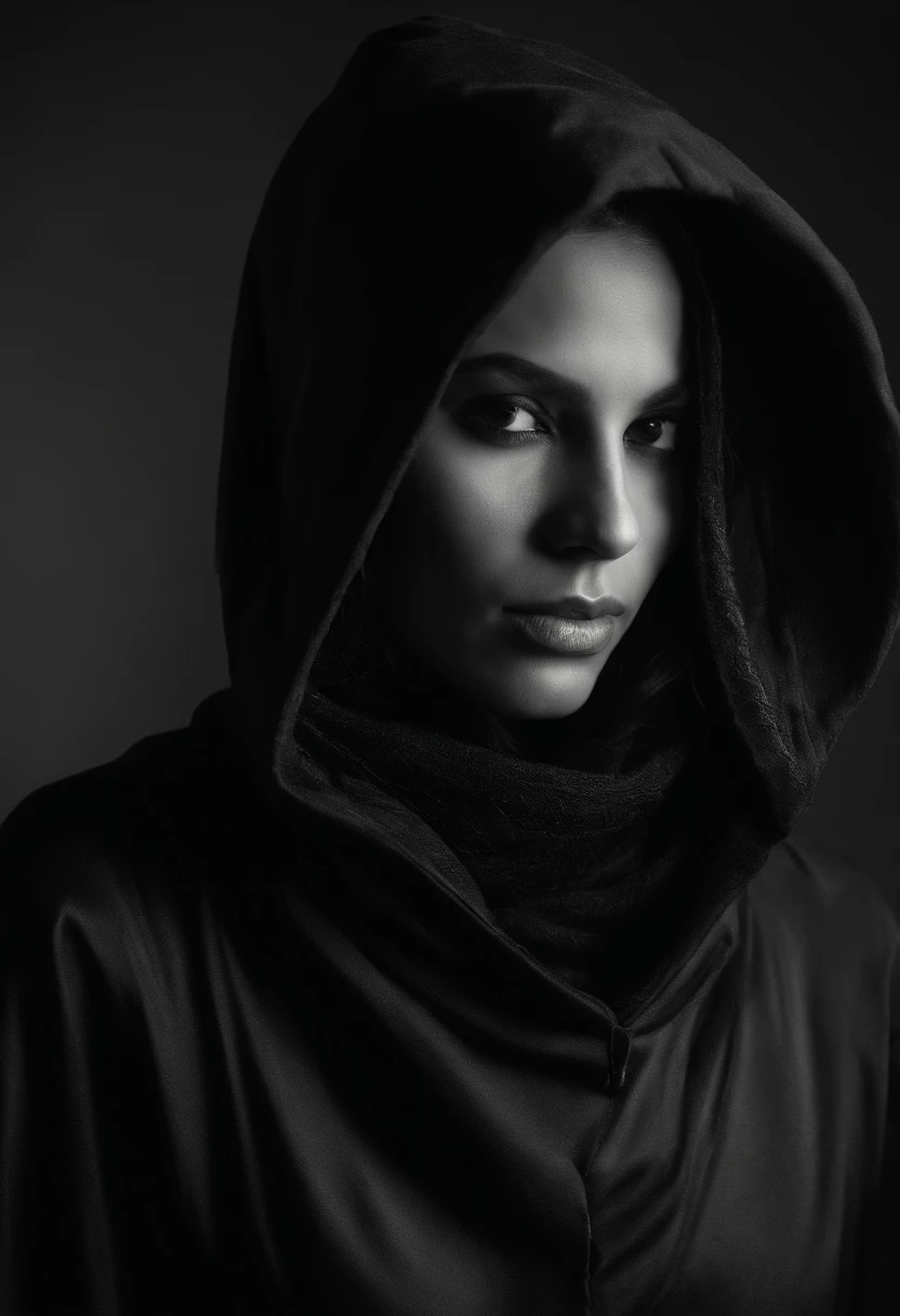 a close up of a person wearing a black hood and a black hoodie, face is wrapped in a black scarf, clothed in hooded, wearing a dark hood, cloaked woman assassin, black hood, detailed face of an arabic woman, wearing sci - fi cloak with hood, photograph of a techwear woman, cyberpunk anime girl in hoodie, wearing a hood, hood