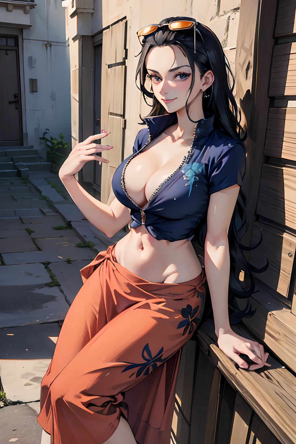 (((masterpiece))), hihgres, NicoRobin, 1girl, solo, long hair, looking at viewer, smile, blue eyes, skirt, large breasts, shirt, black hair, navel, cleavage, very long hair, closed mouth, collarbone, full body, short sleeves, midriff, high heels, crop top, sunglasses, blue shirt, eyewear on head, orange long skirt, railing, hair slicked back, partially unzipped, hands on side,