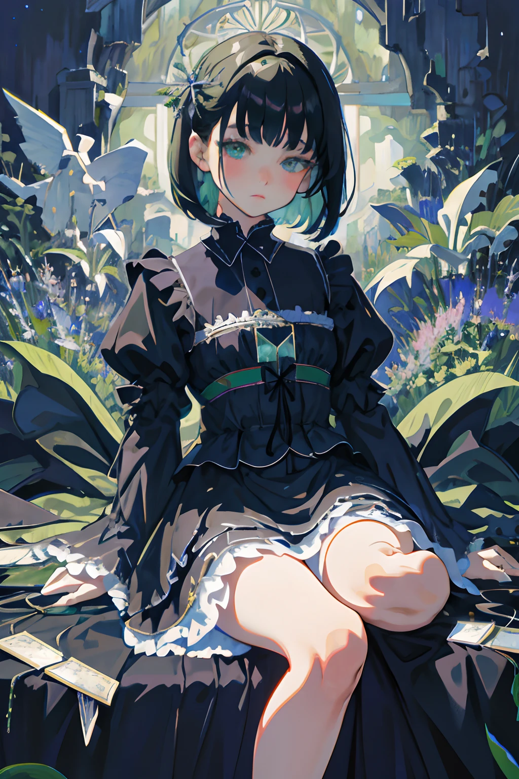 Knees,hand between legs,,(masterpiece,Highest Quality),shortsleeves,Blue-green Gothic Lolita,Sleepy face,A dark-haired,Medium bob,utility knife,Small scissors,Pasture,Aurora,starrysky,dark clouds, Night, (Impressionism:1.4), , Alphonse Mucha,tarot