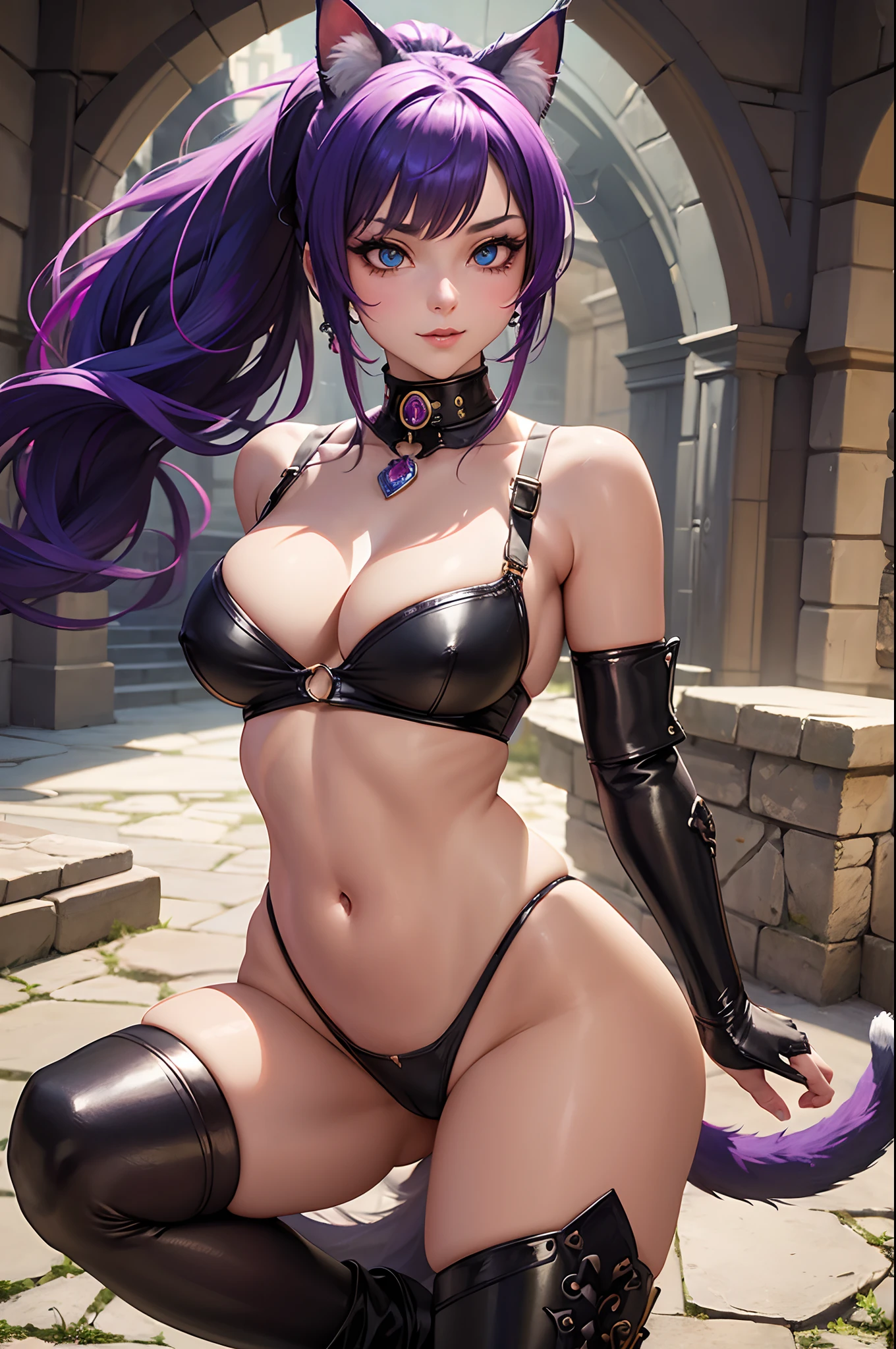 Furry cat girl with a ponytail, (cat-like tail), seductively exploring a medieval fantasy castle, revealing a highly detailed face and captivating eyes, dressed in provocative micro armor, visible navel, surrounded by vibrant and colorful scenery, rendered in stunning 4k quality.