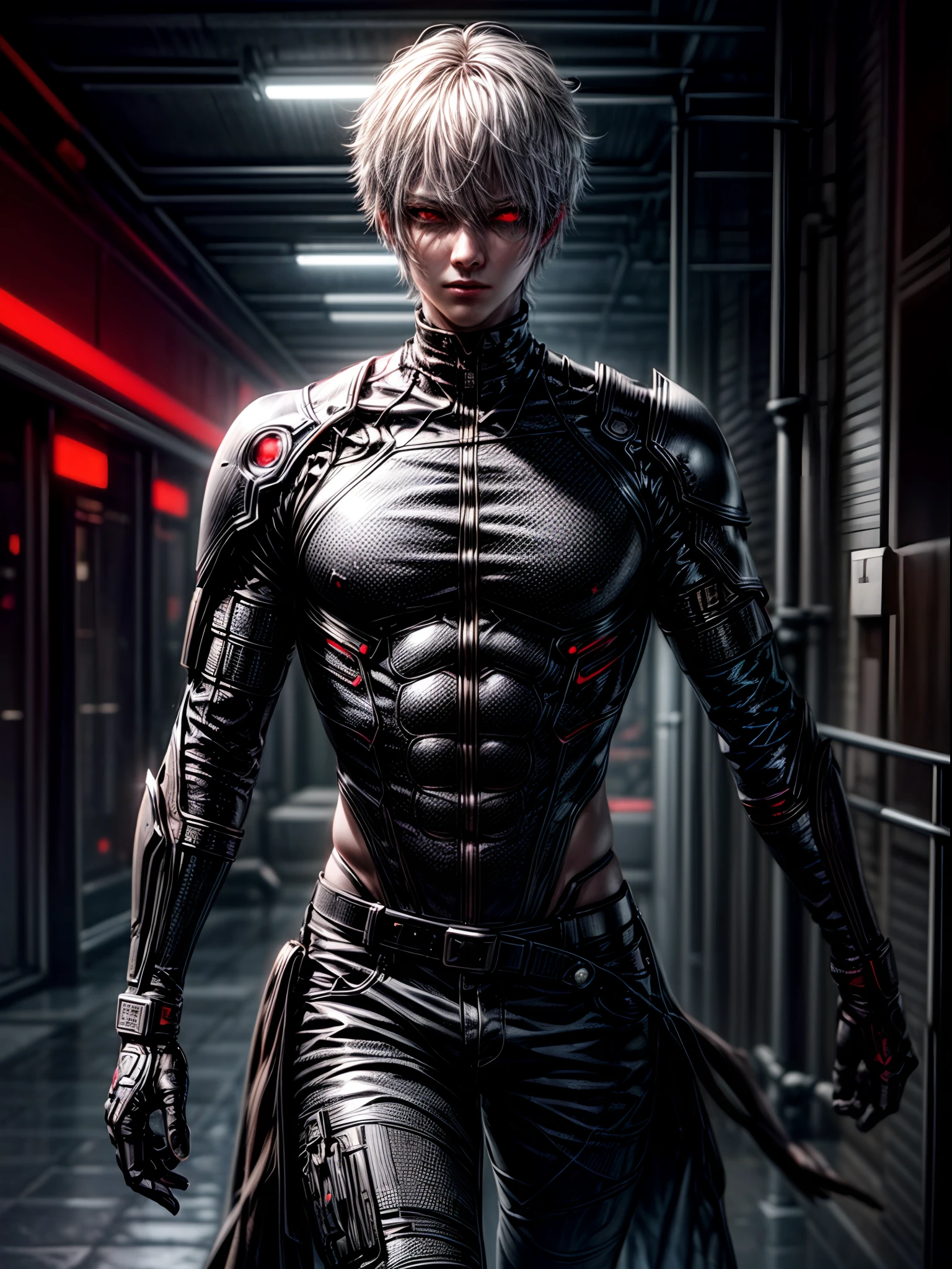 ultra detail, high resolution, ultra detailed, best quality, amazing, top quality, extremely detailed CG unity 8k wallpaper, cinematic lighting, cat fanboy, cyberpunk, dark boy, white hair, red eyes, cyborg mask