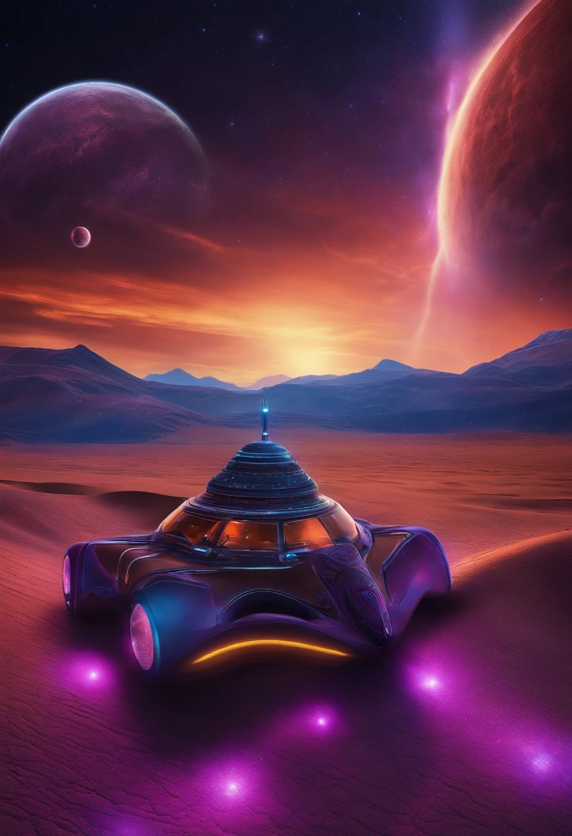 A strange man, A spaceship in the shape of black sunflower seeds lands, On an alien desert planet with many oases, Every step he took erupted with colorful light and sound shockwaves。, Aliens greet him, Fluffy clouds colored by magenta, blue and purple dusty sky, Ultra-detailed realists with 64k resolution began to see stars in the night sky in the art style of 1970s science fiction.