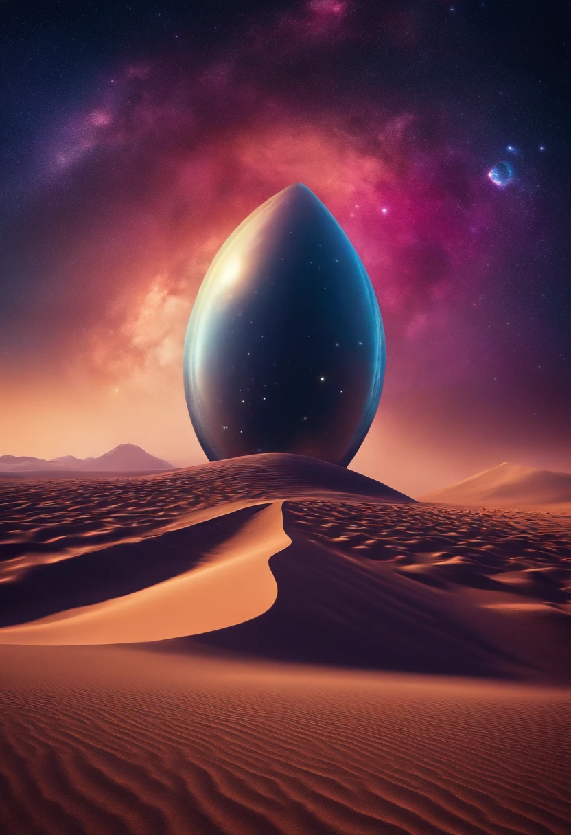 A strange man, A spaceship in the shape of black sunflower seeds lands, On an alien desert planet with many oases, Every step he took erupted with colorful light and sound shockwaves。, Aliens greet him, Fluffy clouds colored by magenta, blue and purple dusty sky, Ultra-detailed realists with 64k resolution began to see stars in the night sky in the art style of 1970s science fiction.