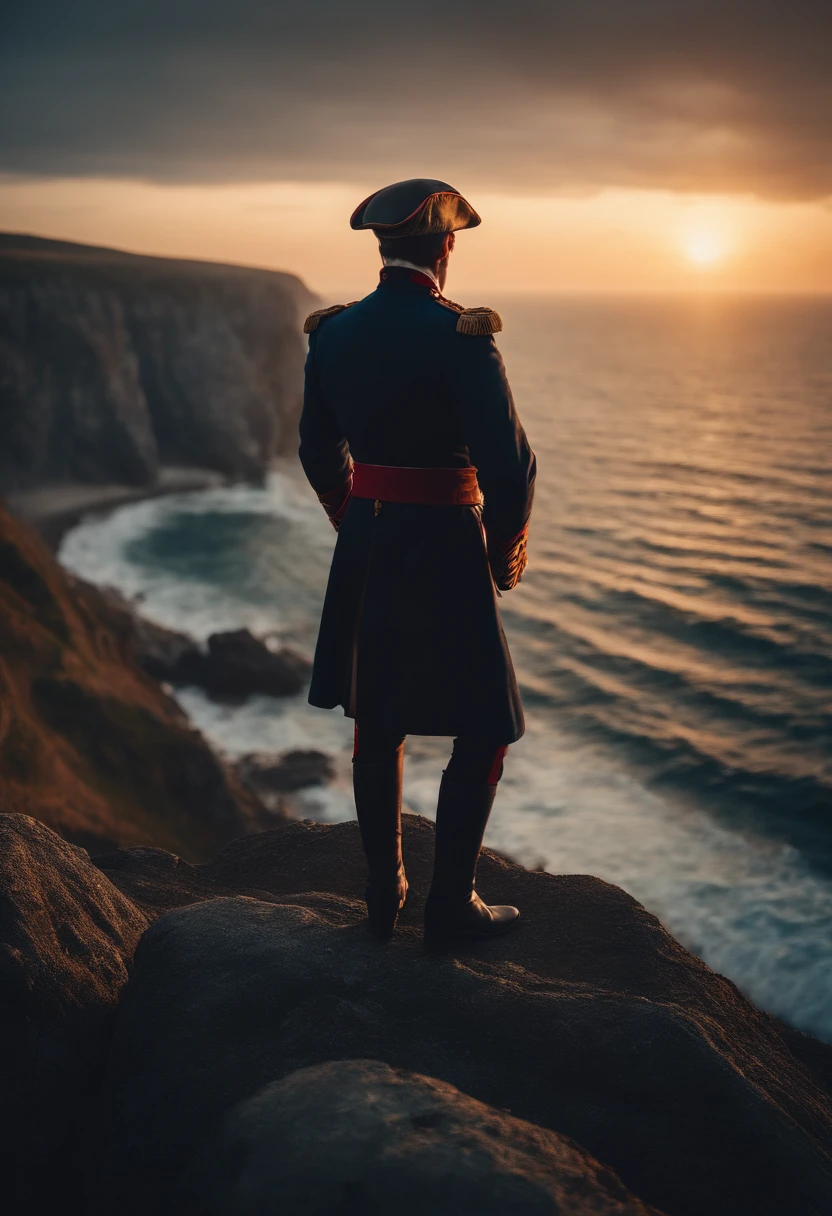 napoleon on a cliff next to ocean looking at the sunset