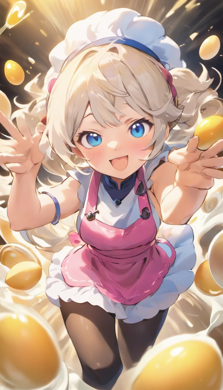 (Best quality, Ultra-detailed, photo-realistic:1.37), Silver-haired woman, Fantastic blue eyes, Happy woman beating eggs with chopsticks, Soft lighting, pink apron, illustration, bangs, Flowing hair, Gentle breeze, Shiny hair, Thick egg whites, Close-up of black stockings, mitts, chef's hat.Blonde hair, Gradient hair, Pink hair, folded ponytail, blue halo, Glowing eyes, Wide eyes, drunk, Anime style, shadowing, back lit lighting, macro photograph, Close-up, first person perspective, head out of frame, hyper HD, High details, Best quality