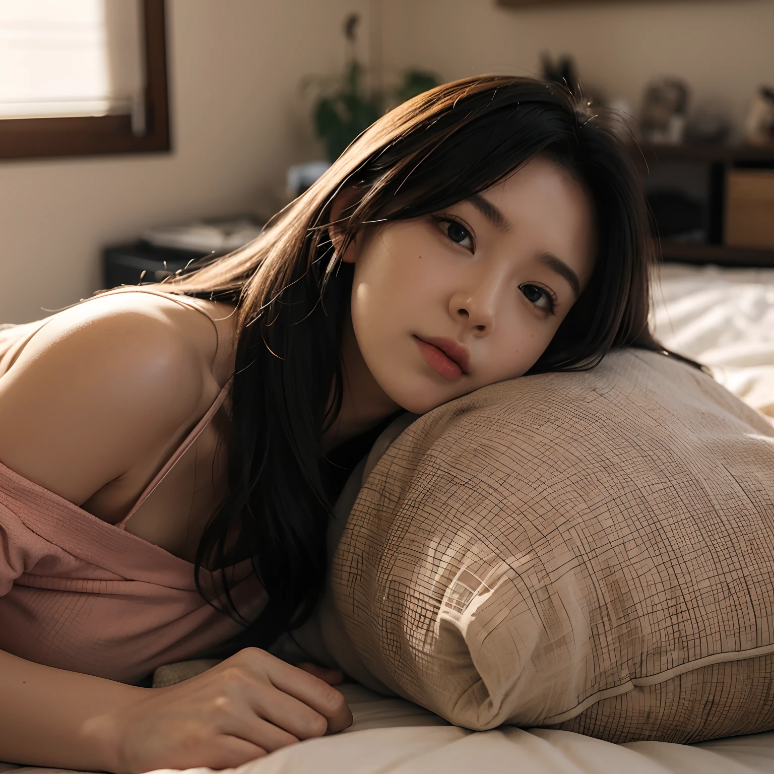 Araffe asian woman laying on a bed with a pillow - SeaArt AI