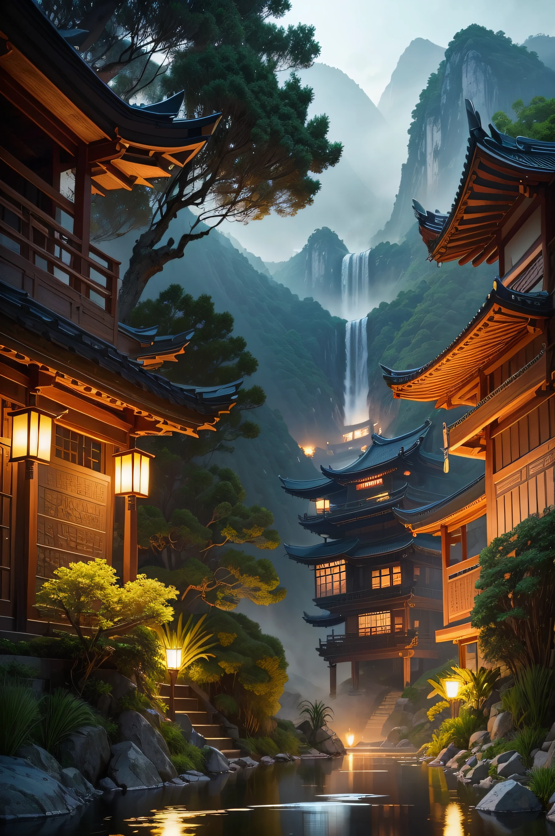 tmasterpiece,best qualityer,Chinese martial arts style,Asian night view,Realiy,artistic conception,، simple,Asian pond night view with many lights and boats in the water,Lake surface,lotuses,beautiful night scene,(( (Chinese martial arts style))), The sky is vast, Even the mountain cliffs, ink wash style, Contour light, Atmospheric atmosphere, depth of fields, The fog rises, bamboos, pines, Flying waterfalls。