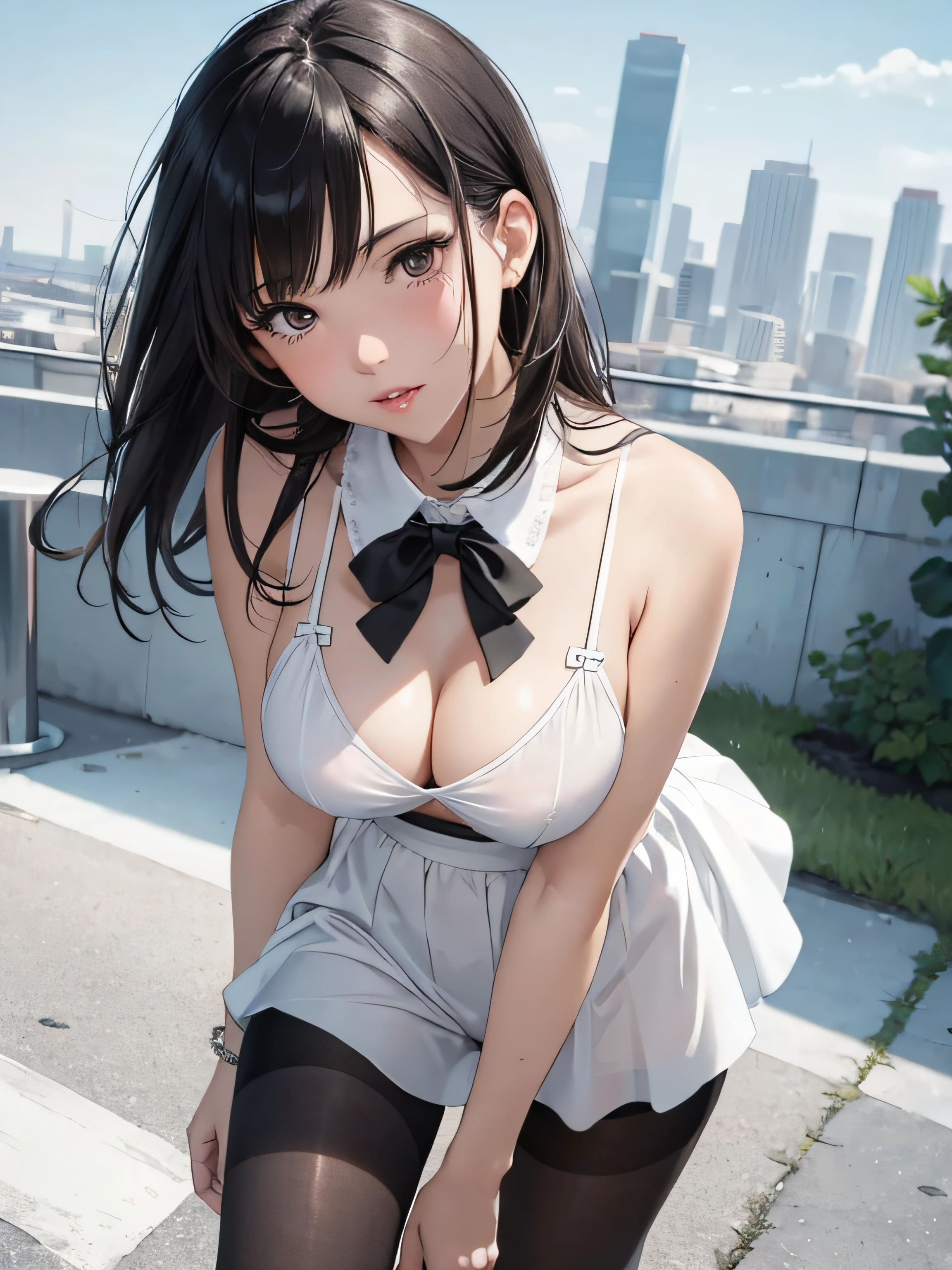 girl in summer clothes, white short, black pantyhose, making like she wants to kiss you, view from viewer, medium breasts, cityscape, flirtatious look, ((very detailed)), (perfectly detailed face), (well detailed hand) photorealistic image.