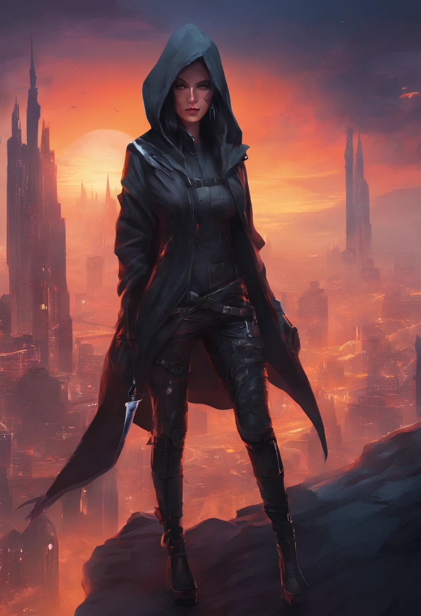 arafed woman in a black hooded jacket and hoodie with a knife, photograph of a techwear woman, cyberpunk nun warrior, all black cyberpunk clothes, beautiful female assassin, cyberpunk anime girl in hoodie, goth ninja, female assassin, cyberpunk assassin, wearing sci - fi cloak with hood, wearing cyberpunk streetwear, beautiful cyberpunk woman model, seductive cyberpunk dark fantasy, cyberpunk fashion clothing